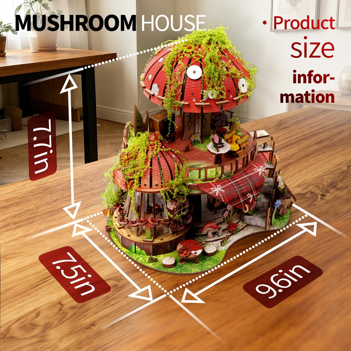 Garden Mushroom Dollhouse Book Nook Kit, DIY Miniature Wooden 3D Puzzle Dollhouse, Fantasy Bookshelf Decor Craft Building Set, Home Shelf Decoration for Adults & Teens, with String Lights Edition