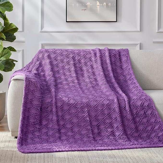 Knitted Weighted Blanket for Adult, Chunky Knit Weighted Throw for Sleep 48"*72" 10lbs, Cooling Breathable Heavy Blanket for Hot Sleepers, Machine Washable Blanket for Room Decor(Purple)