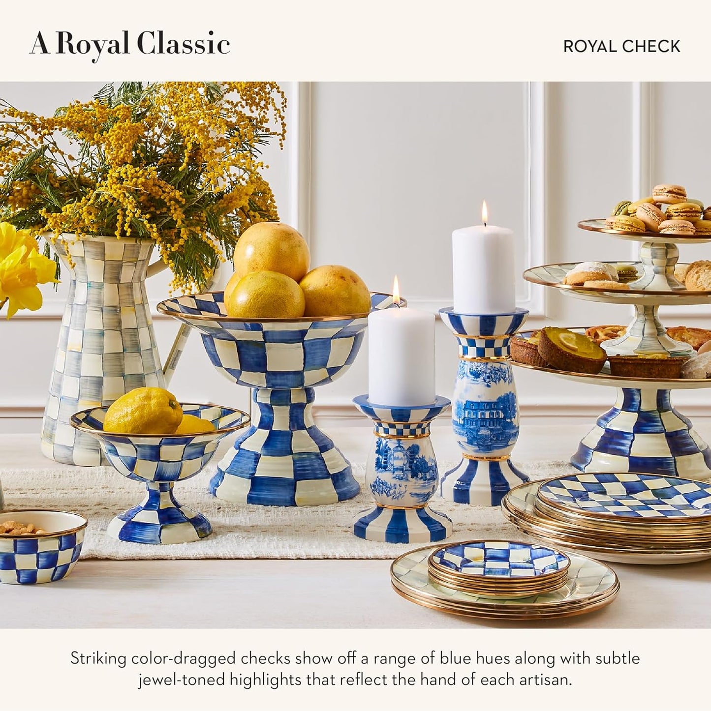 MACKENZIE-CHILDS Enamel Salad and Dessert Plate, Small Plate for a Dessert or Appetizer Dish, 8 Inches, Set of 4, Blue-and-White Royal Check