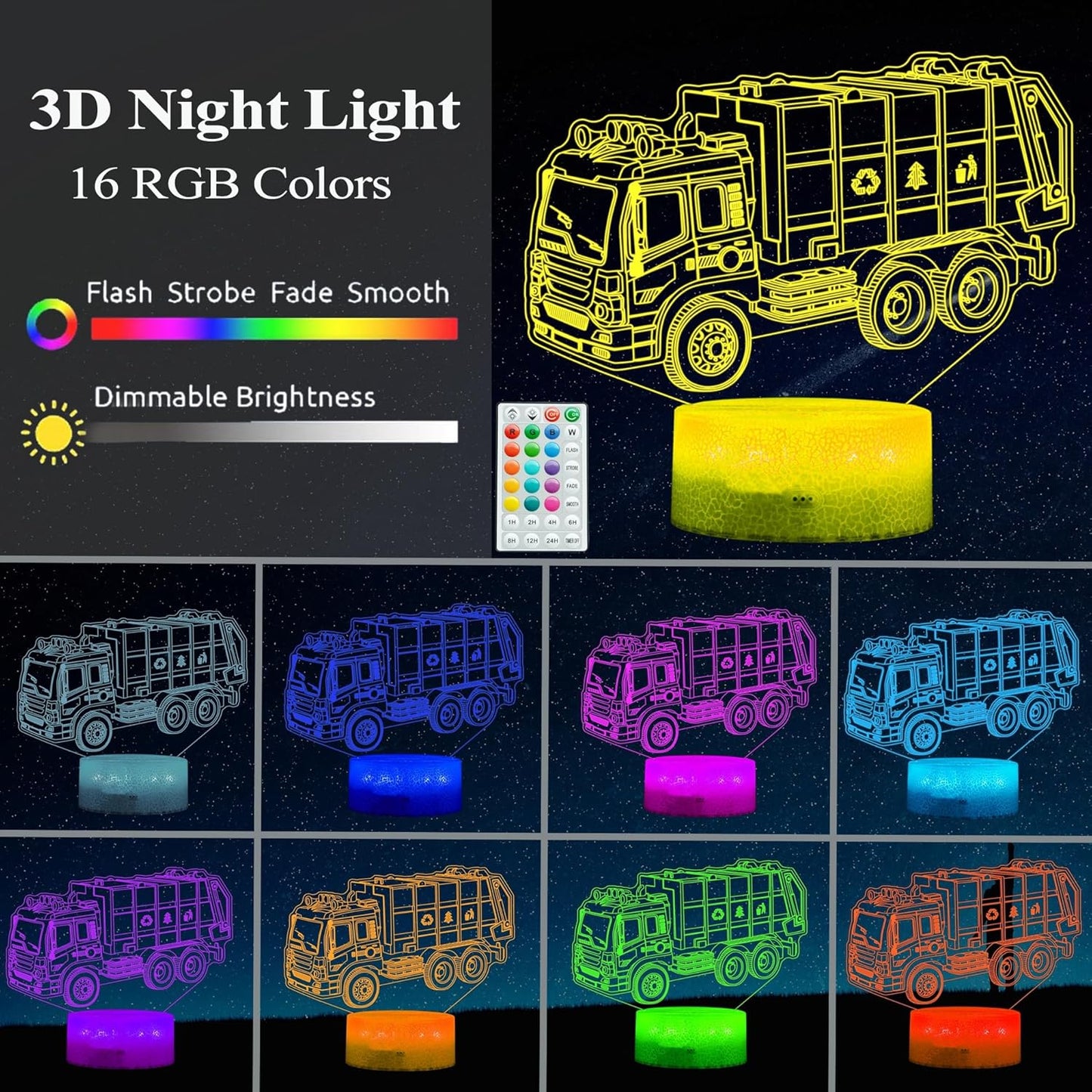 Garbage Truck Night Light, Garbage Truck Car Gifts, Sanitation Truck 3D Illusion Lamp with 16 Colors Changing, Timer, 4 Flash Modes and Dimmable, Kids Boys Girls Room Decoration, Holiday Xmas Gifts