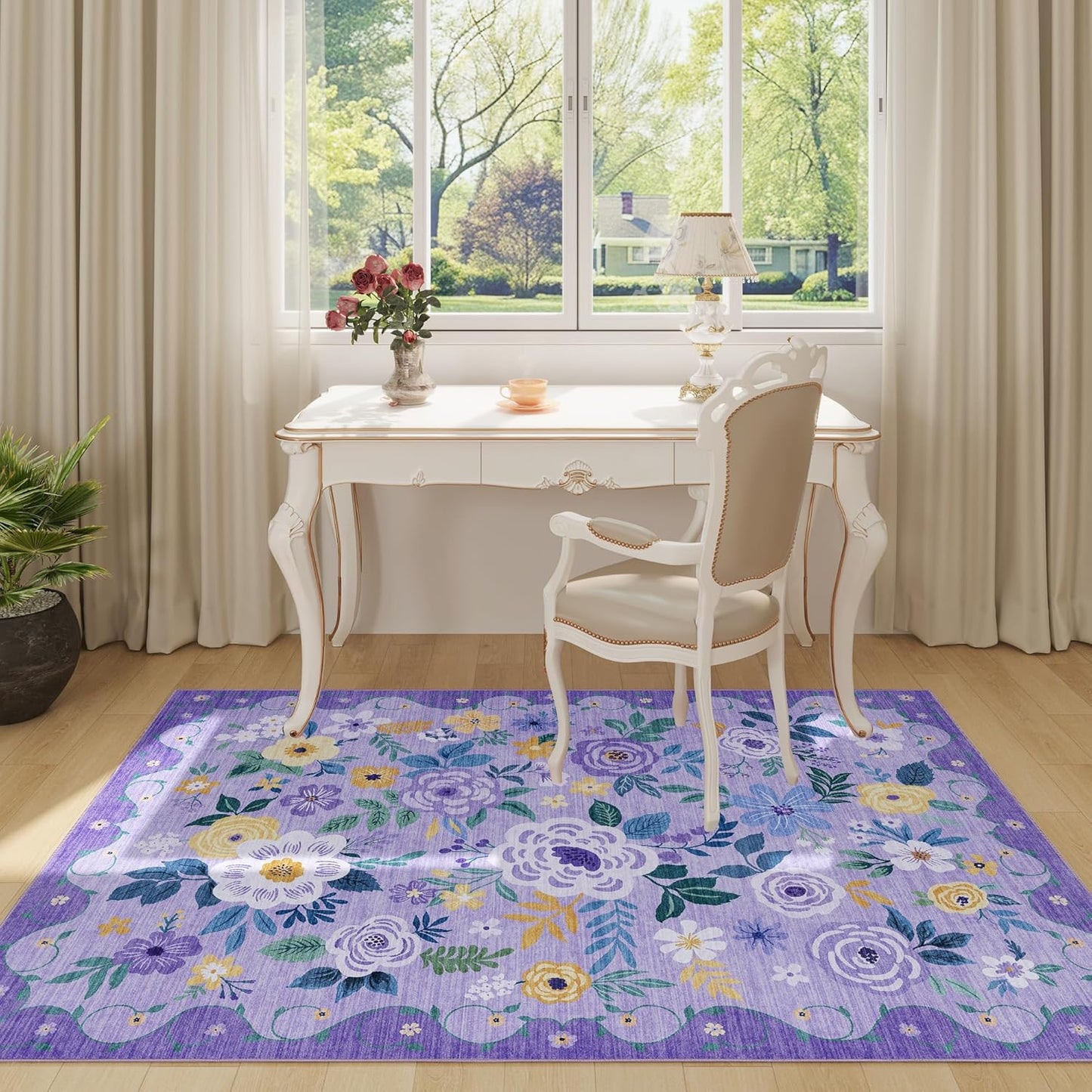 DUKINO 4x6 Area Rug, Lightweight Non Slip Washable Floral Rug, Indoor Low Pile & Non-Shedding Boho Design Rugs for Bedroom, Living Room, Dining Room, Purple