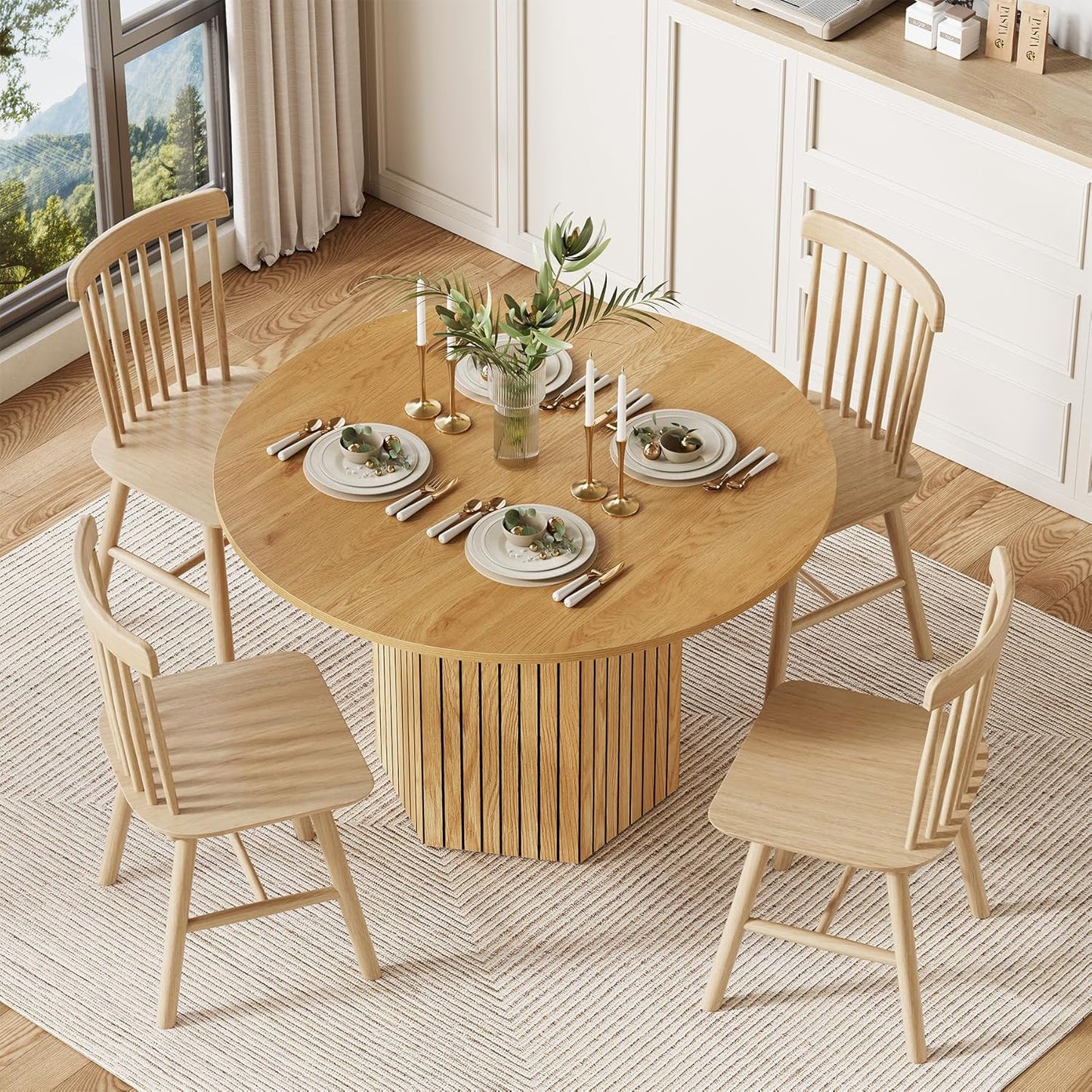 LITTLE TREE Round Wood Dining Table, 47-Inch Small Dining Table for 4, Modern Circle Kitchen Table with Wood Strip Base for Kitchen Living Room, Walnut