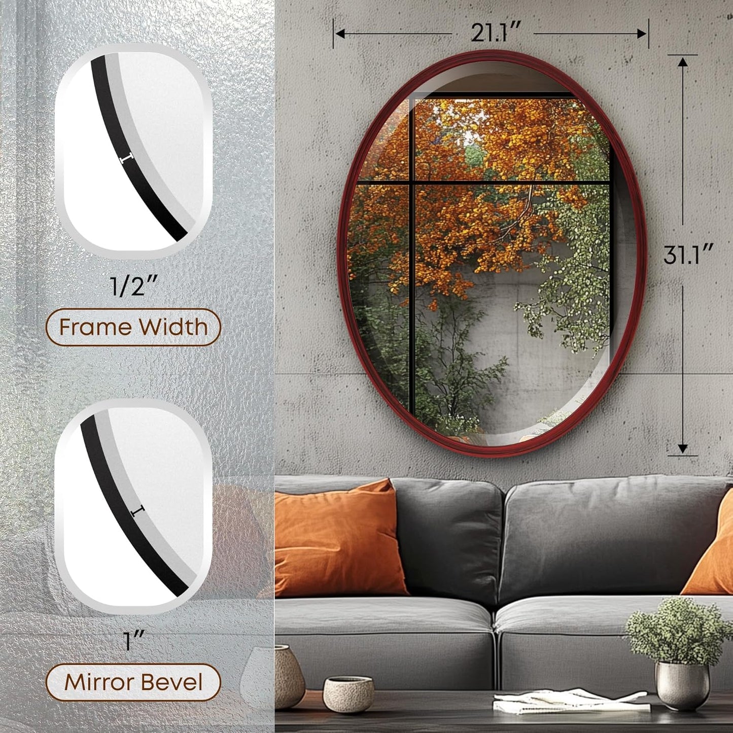 OVALCREST - Oval Wooden Beveled Wall Mirror for Home Decor, Bathroom, Vanity, Bedroom, Living Room, Hallway - London Style (Black Cherry) 21.1 x 31.1
