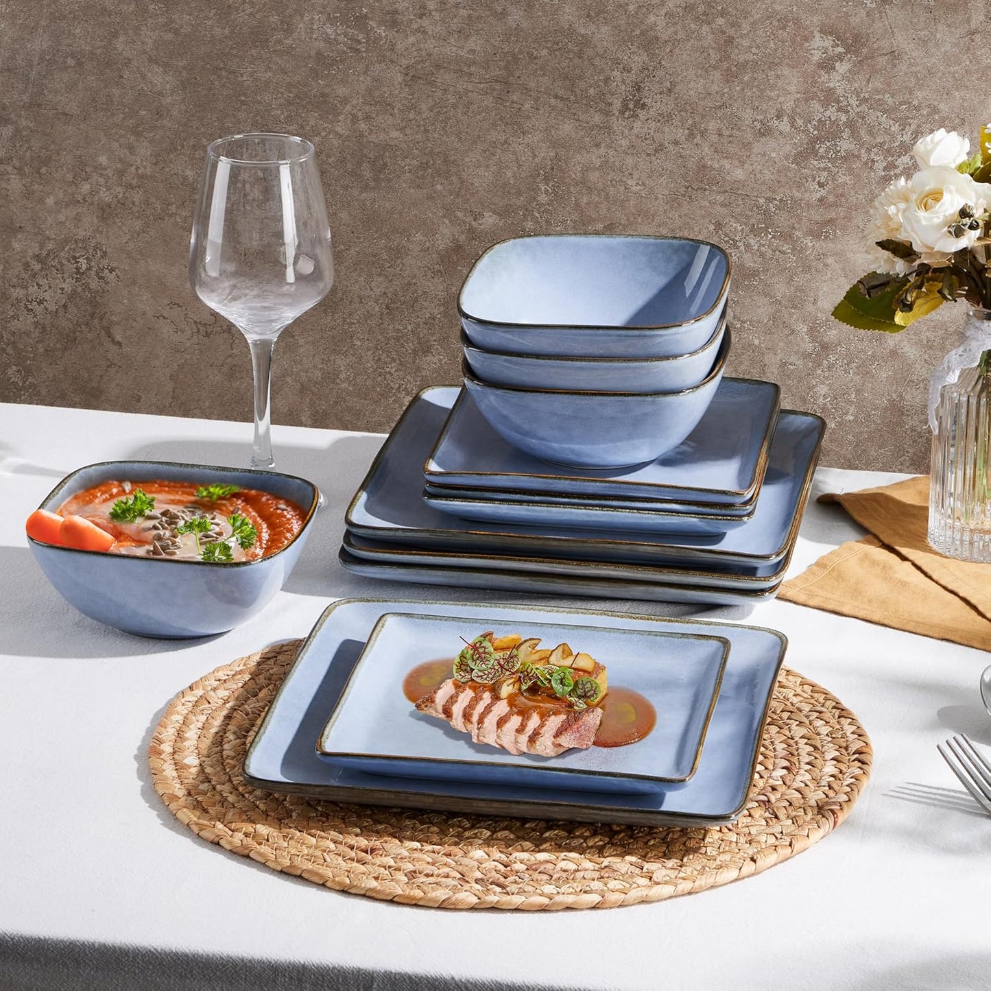 E-far Square Plates and Bowls Sets, 12-Piece Stoneware Dinnerware Sets for 4, Reactive Glaze Dish Set, Chip and Scratch Resistant, Microwave and Dishwasher Safe, Ocean Blue