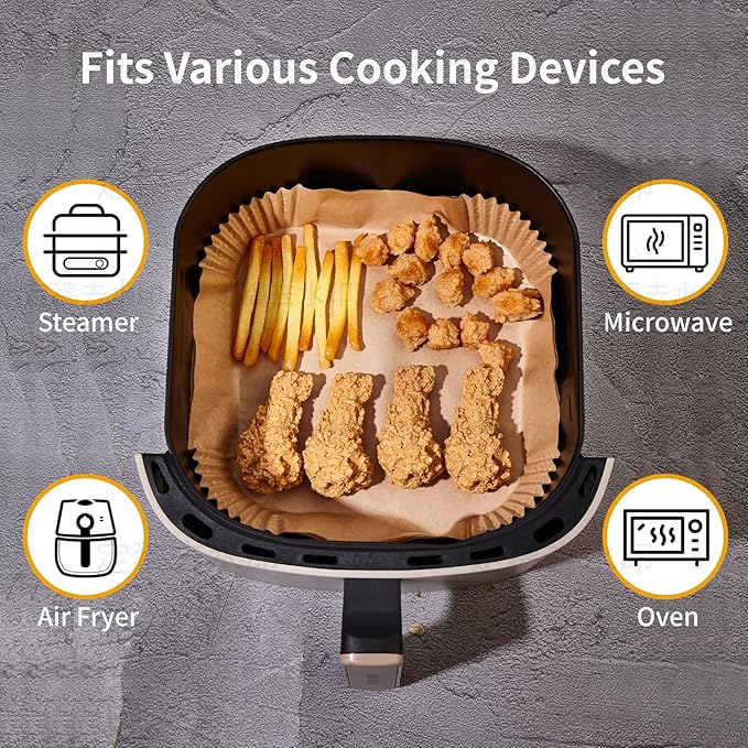 40GSM Air Fryer Paper Liners, 125Pcs 8 inch Disposable Parchment Paper for 5-8 qt Basket Air Fryer, Non-Stick Oil-Proof Heat Resistant Food Grade for Cooking, Roasting & Frying, Square 8"