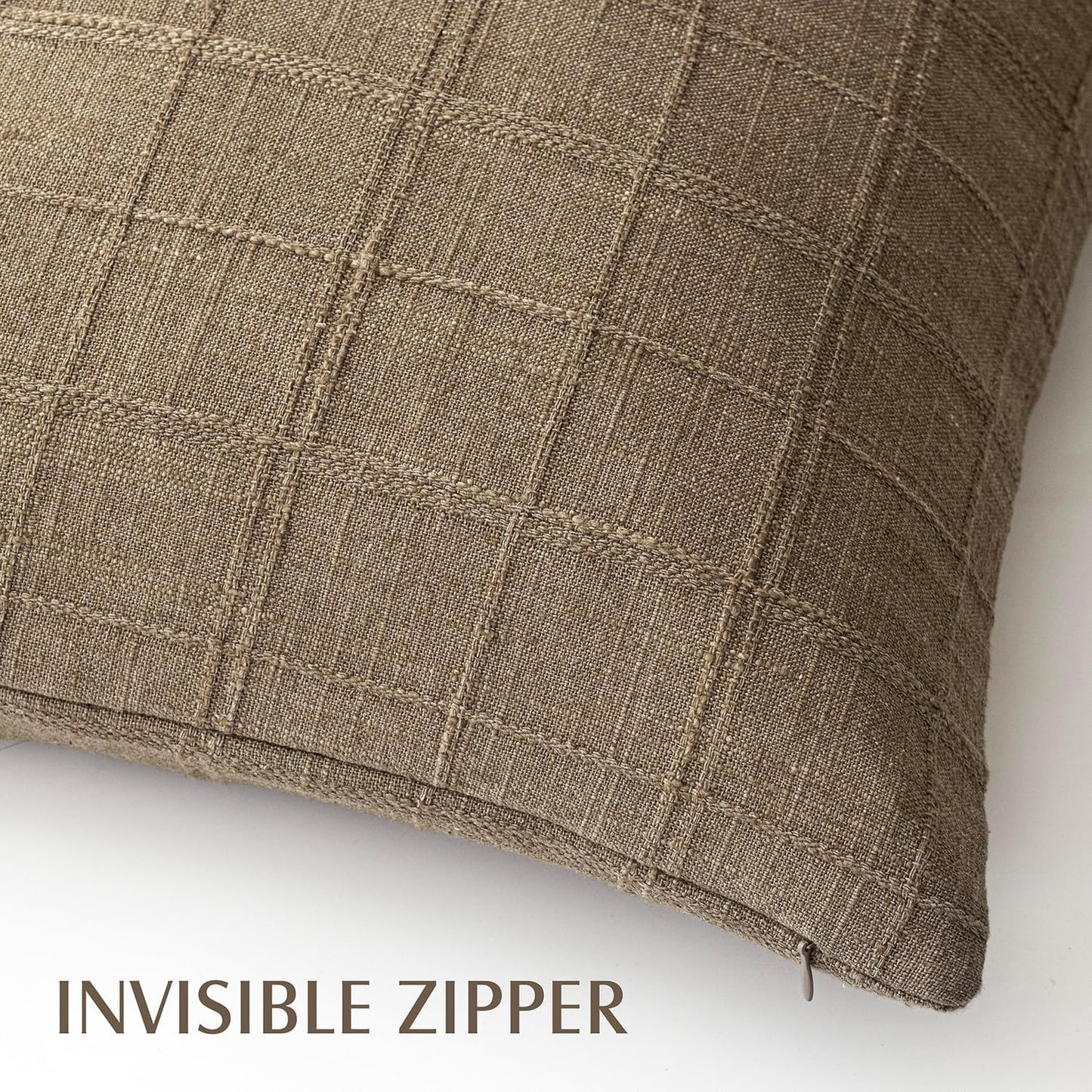Foindtower Set of 2 Decorative Linen Check Throw Pillow Covers Neutral Farmhouse Vintage Cushion Covers Modern Boho Home Decor for Sofa Chair Couch Bedroom Living Room Outdoor,20×20 Inch, Brown