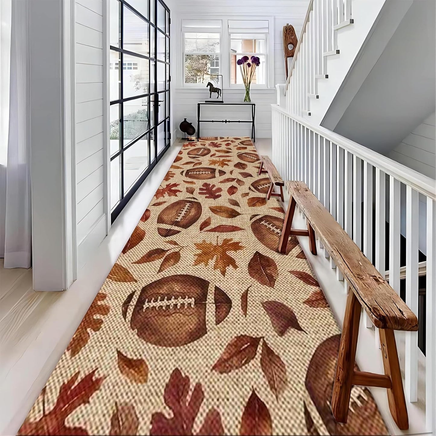 Football Rugby Living Room Rug, 3.3x7ft, Vintage Maple Leaf Entryway Carpets, Cozy Soft Home Decor Kids Rugs, Foldable Washable Breathable Anti-Slip Rug for Front Door Dining Room