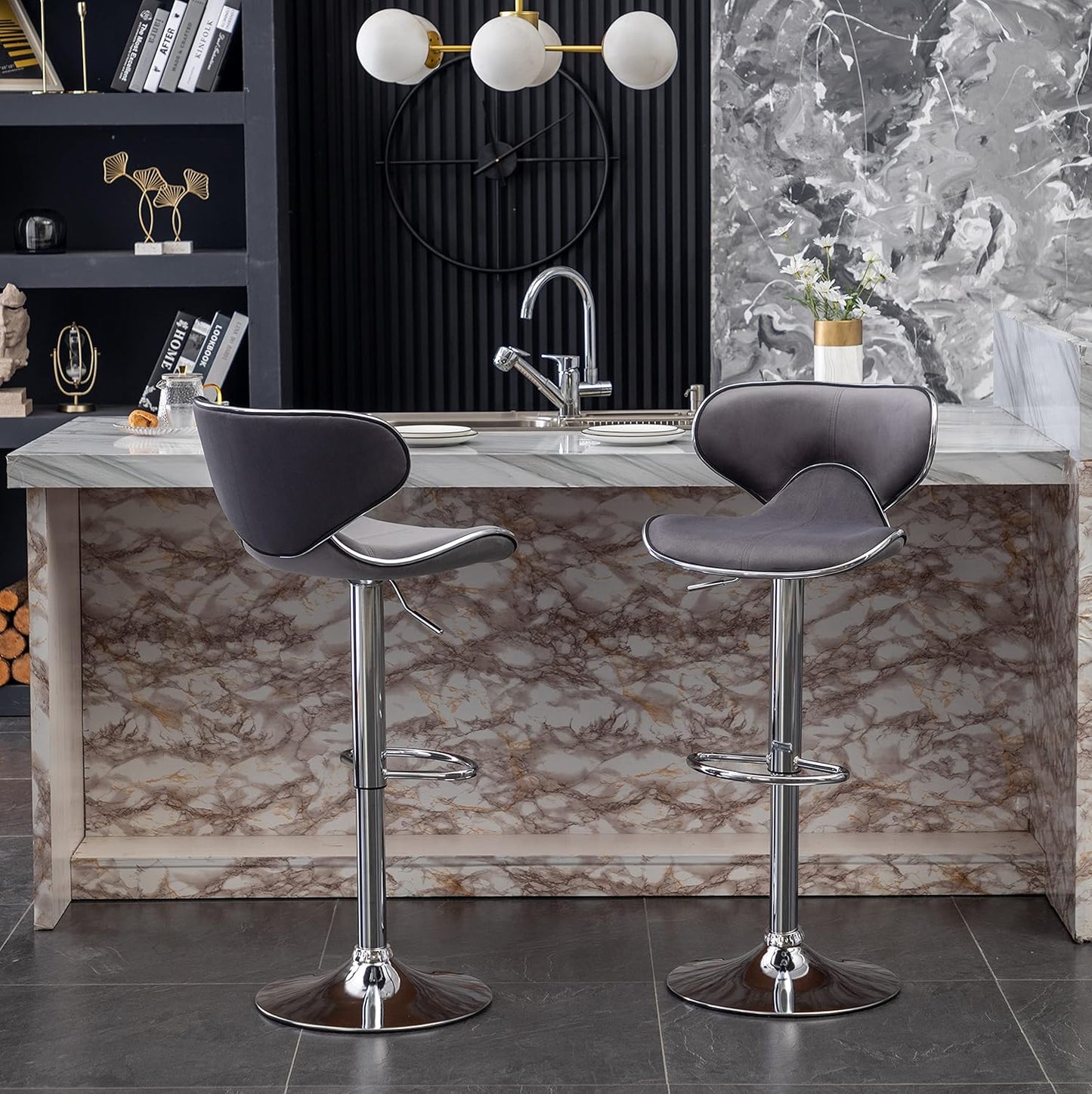 Roundhill Furniture Masaccio Velvet Upholstered Adjustable Swivel Barstool, Set of 2, Gray