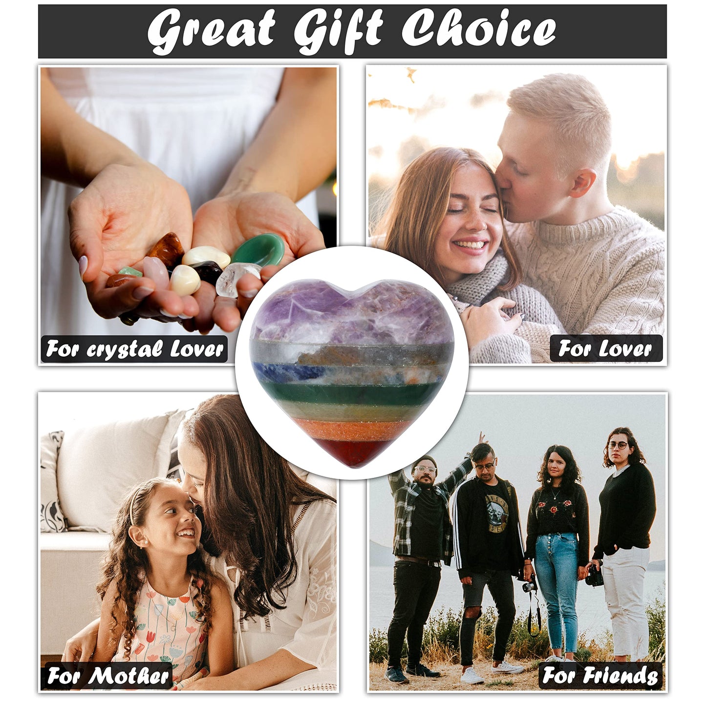 Crocon 50mm 7 Chakra Heart Stone Big Heart Shape Puff Stones Set 450+ Carats Pocket Crystal Healing Tumble Collection Palm Worry Stone Good Luck Charm Meditation Gift Craft Home Decor