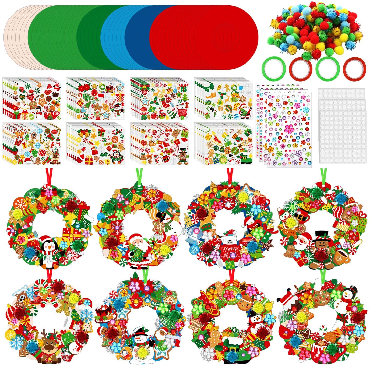 Hollowfly 48 Sets Christmas Wreath Craft Kits for DIY Santa Claus Wreath Hanging Ornaments Make Your Own Paper Xmas Craft with Stickers for Christmas Party Favors School Classroom Activities