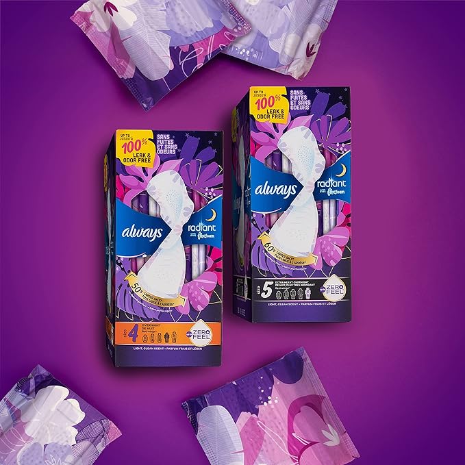 Always Radiant Feminine Pads for Women, Flexfoam Pads with Wings, Size 5, Extra Heavy Overnight Absorbency, Lightly Scented, 26 Count