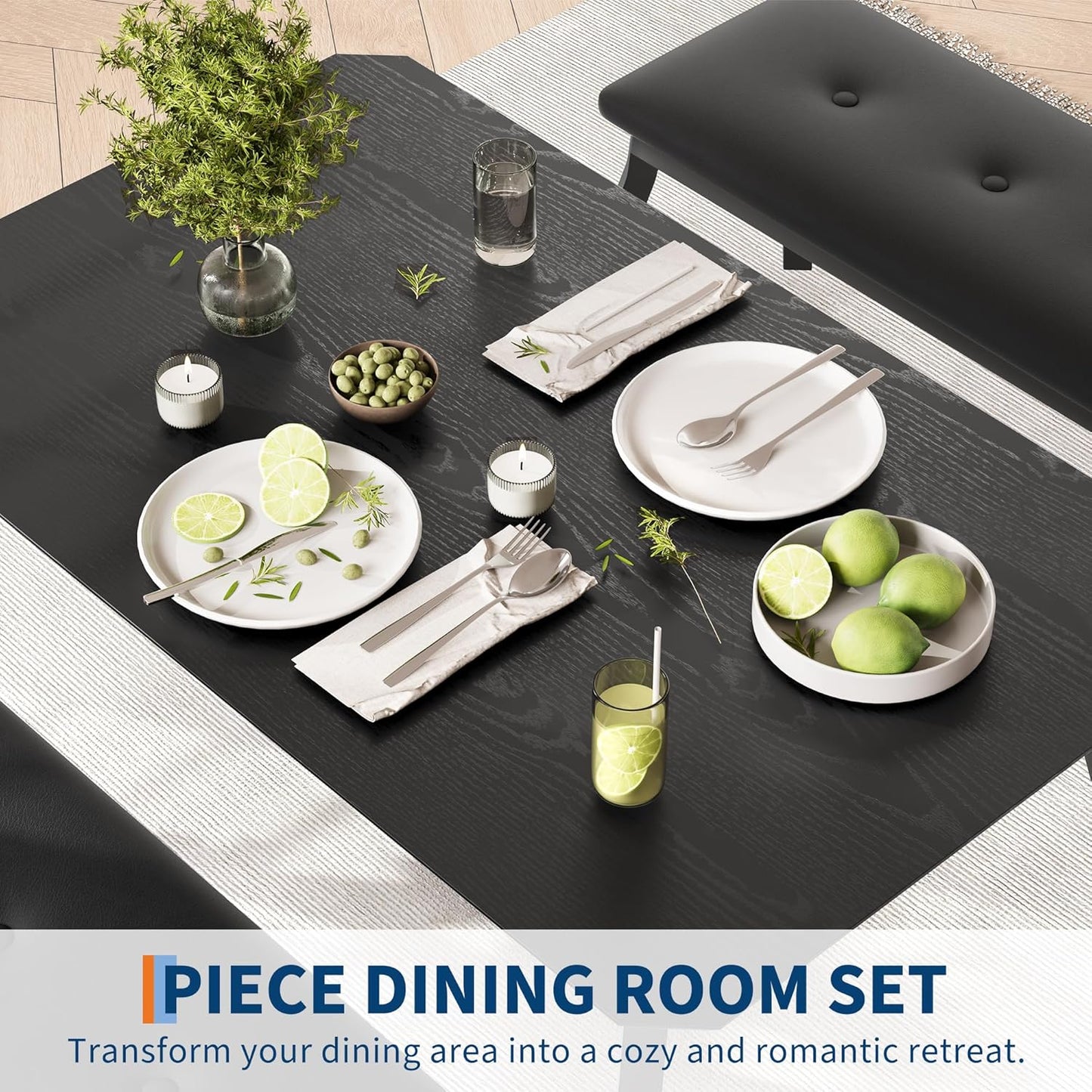 3 Piece Farmhouse Dining Table Set for 4, Compact Rustic Kitchen Table with 2 Padded Benches, Space Saving Breakfast Nook Furniture Set for Small Spaces, Apartments, Black