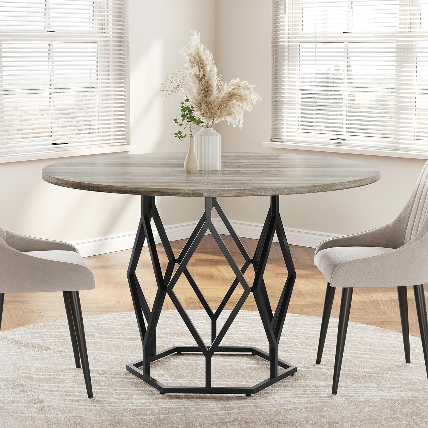 GarveeHome Round Dining Table for 4-6 People, 47 Inch Farmhouse Kitchen Table, Sturdy Metal Base, Industrial Wood Dinning Room Table for Kitchen, Grey