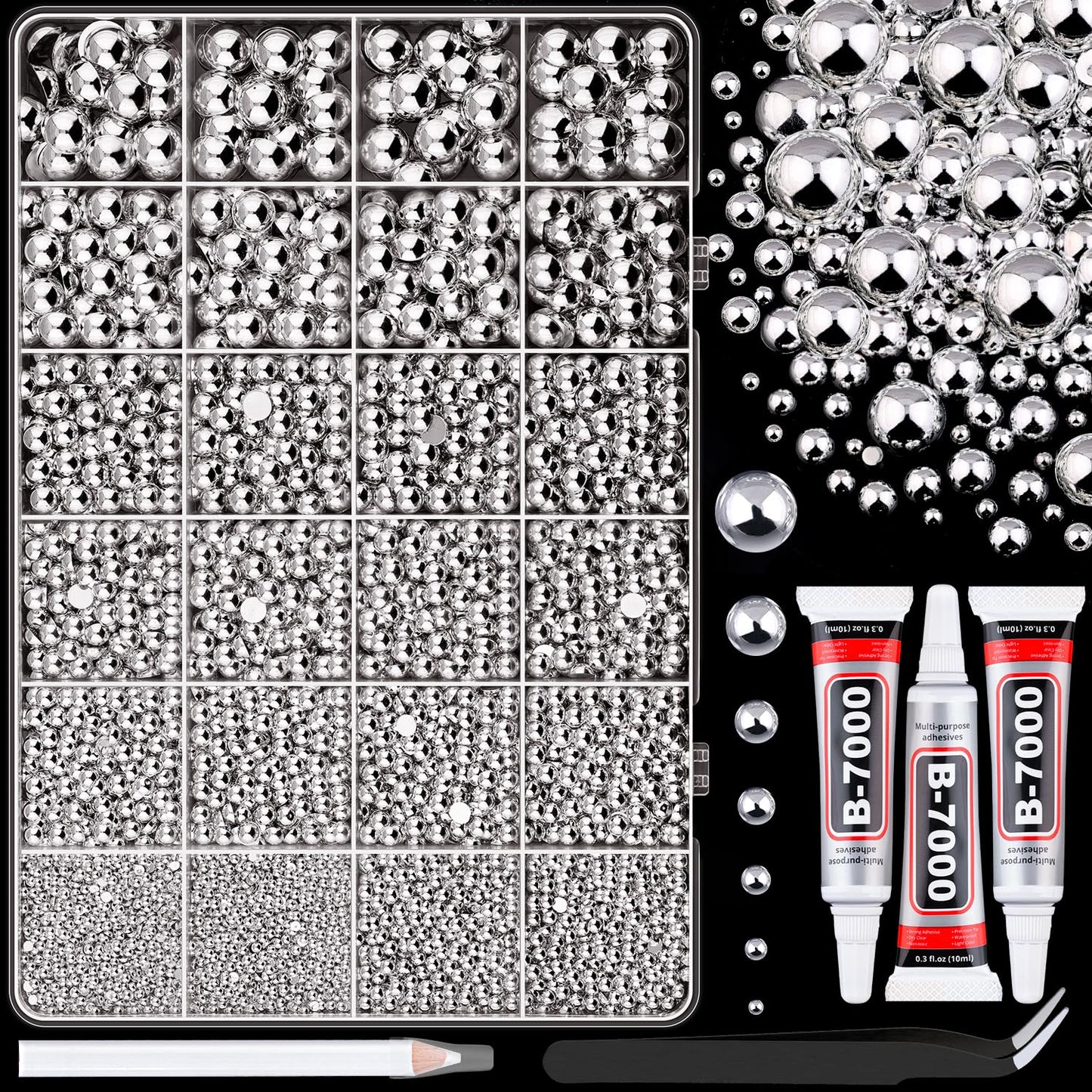 11000Pcs Flatback Pearls for Crafting(Silver), Assorted Size 2/3/4/5/6/8/10mm Half Pearl with 3Pcs 10ml B7000 Jewelry Glue, Bedazzling Bead for Crafts Clothing Tumblers Shoes Embellishment Nail Art
