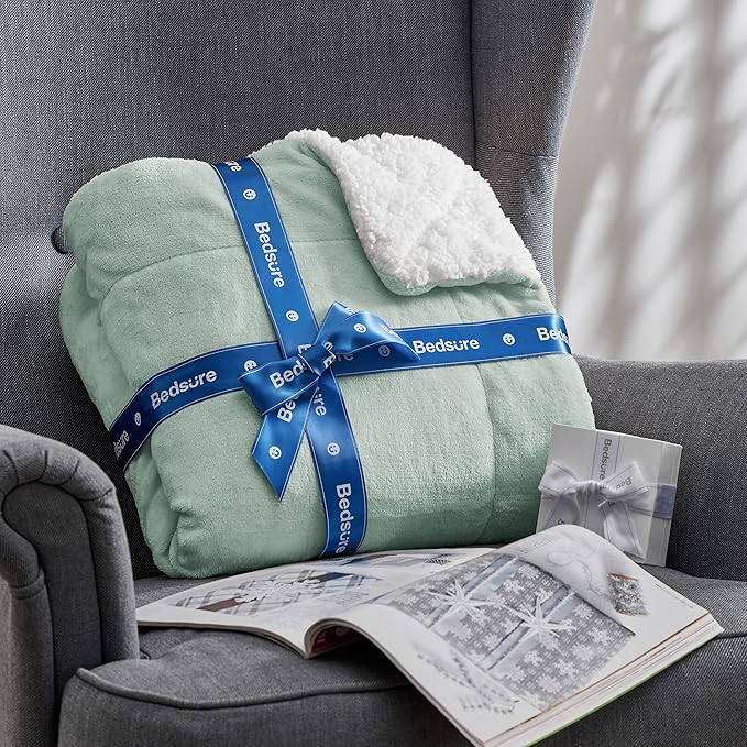 Bedsure GentleSoft Sherpa Fleece Throw Blanket for Couch - Thick and Warm Throw for Women and Men, Soft Fuzzy Plush Throw Blanket for Winter, Non-Heated, Sage Green, 50x60 Inches