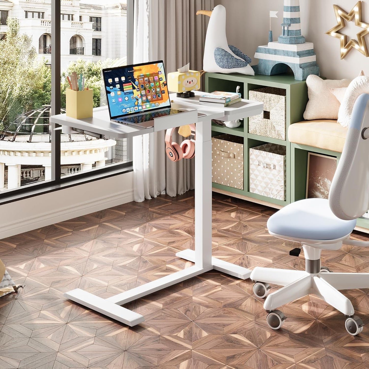 Standing Desk, Medical Overbed Table with Rolling Tray, Dual Pneumatic Angle and Height Adjustable Desk, Portable Side Table with Hidden Wheels, Home & Hospital Use, White