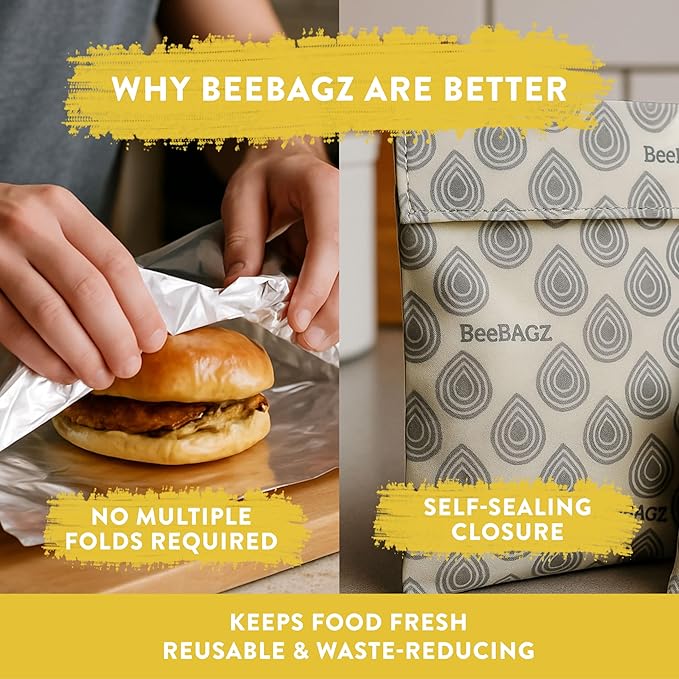 BeeBAGZ - Beeswax Wrap Storage Bag, Reusable Food Storage Bags, Pack of 3, Plastic Free Biodegradable Food Wrap Alternative, Lunch Pack, 2 Small + 1 Medium, (Grey)