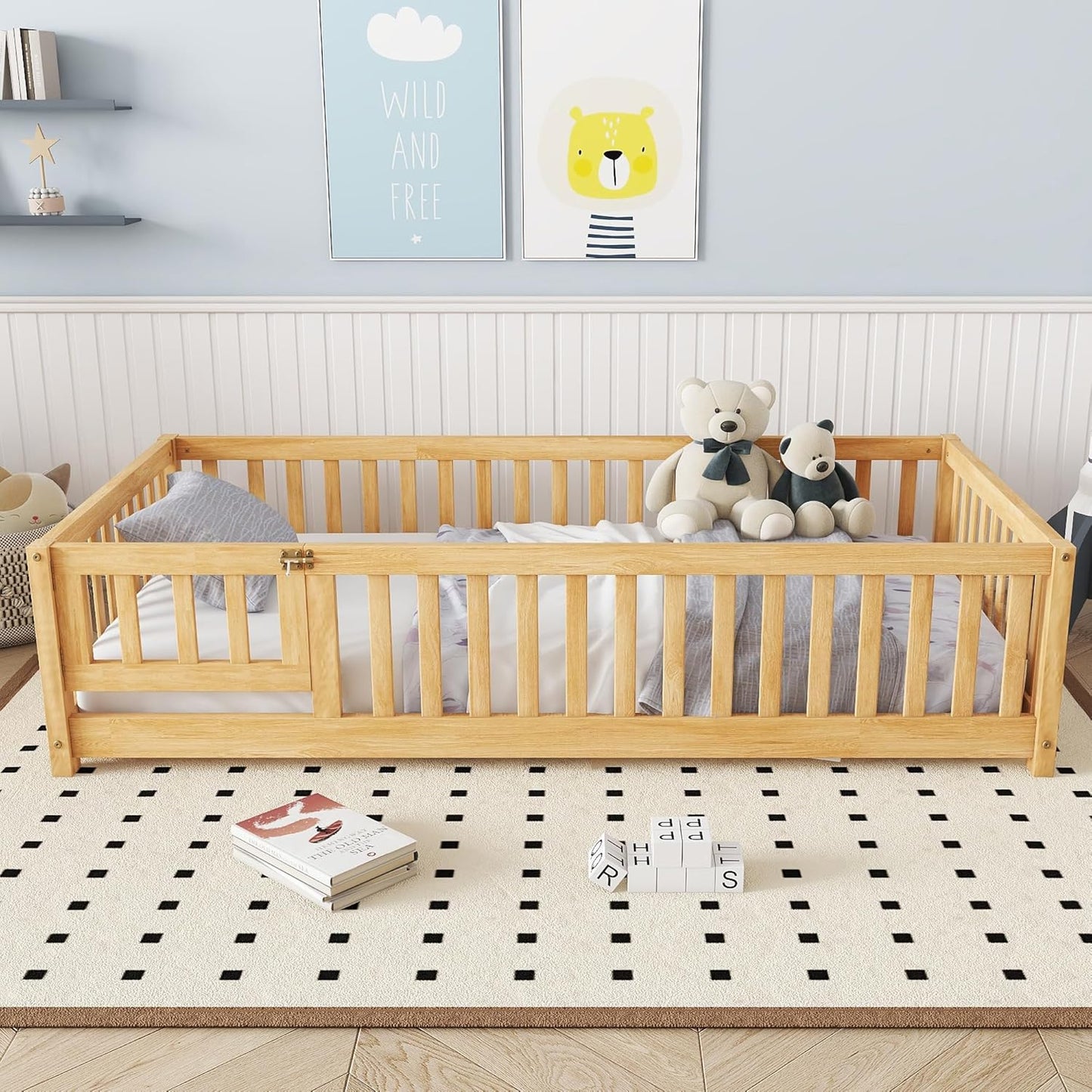 Twin Floor Bed Frame with Slats and Safety Guardrail, Wood Twin Size Montessori Floor Bed with Door and Fence, Easy Assemble Montessori Beds for Kids, Girls, Boys, Natural