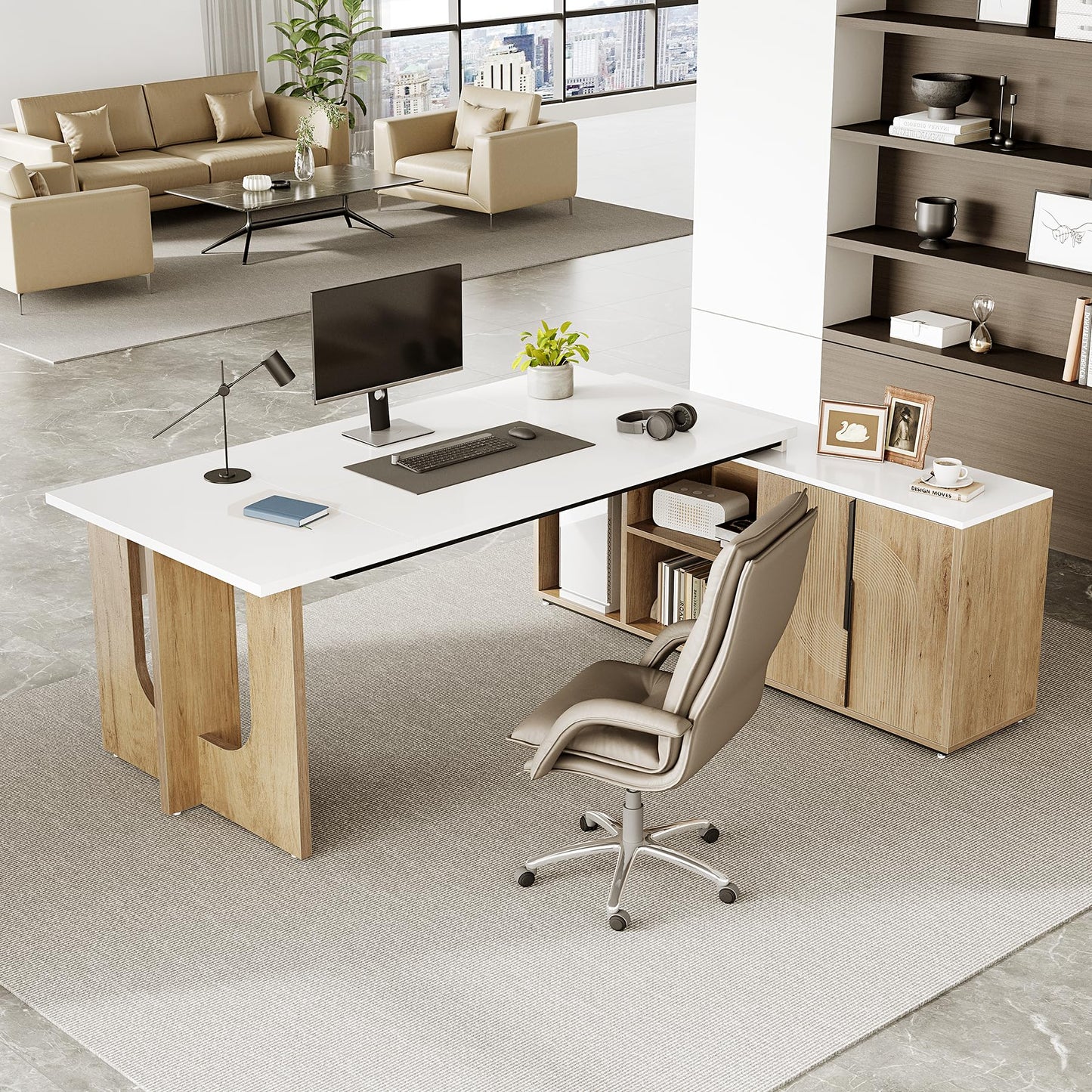 LITTLE TREE 74-Inch Executive L-Shaped Desk with Storage Cabinet & Shelves, Large Home Office Computer Desk, Modern Business Workstation for Professionals (Oak & White)