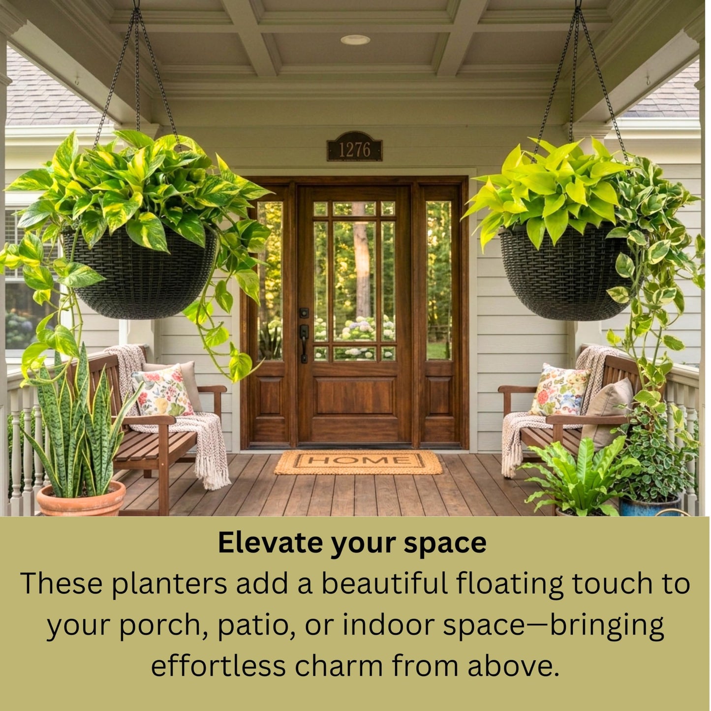 LaLaGreen Indoor Hanging Planter (11 Inch, 1 Pack) Self-Watering Round Basket with Water Level Indicator, Rattan Style Flower Pot Black Metal Chain for Deck Porch Patio Garden Balcony Outdoor Decor