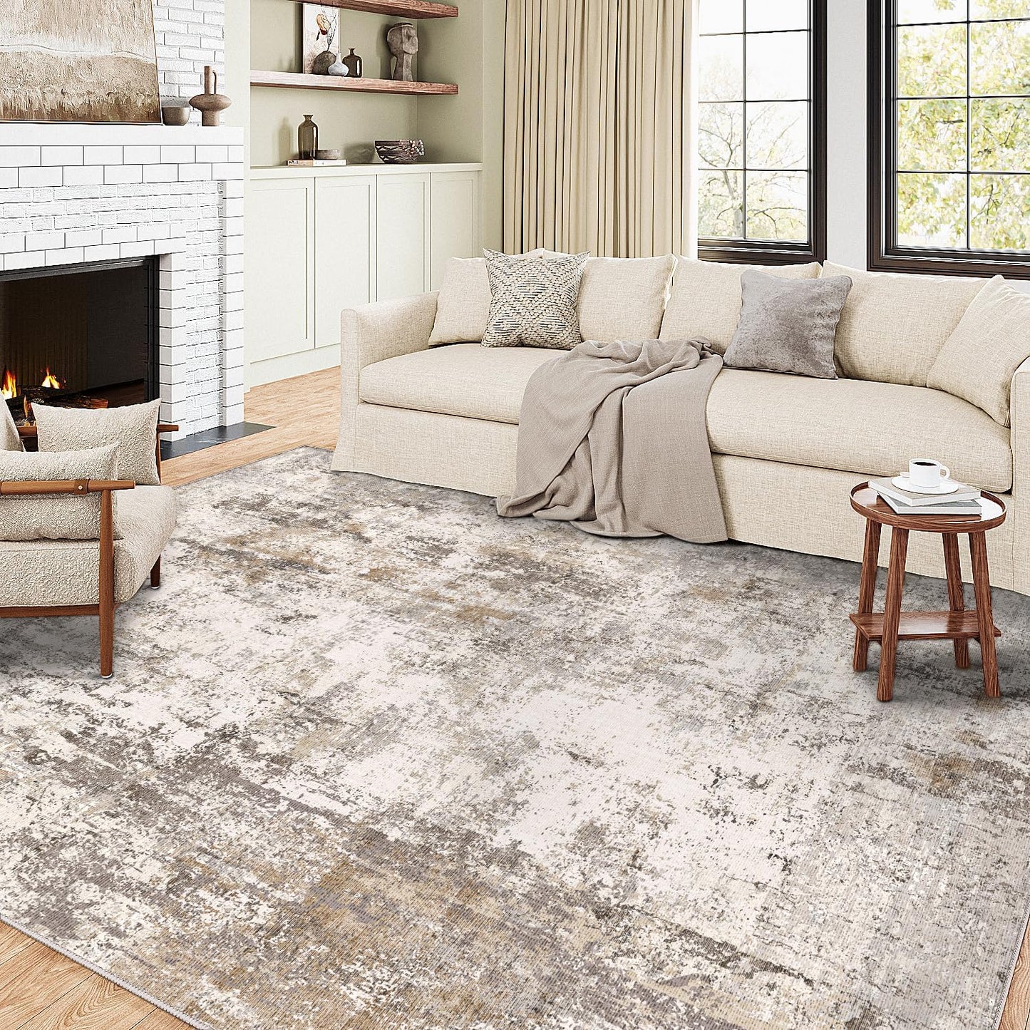 5x7 Washable Area Rug Brown Grey Neutral Abstract Living Room Bedroom Throw Rug Non Slip Soft Low Pile Indoor Floor Carpet for Dining Room Kitchen Office Entryway Home