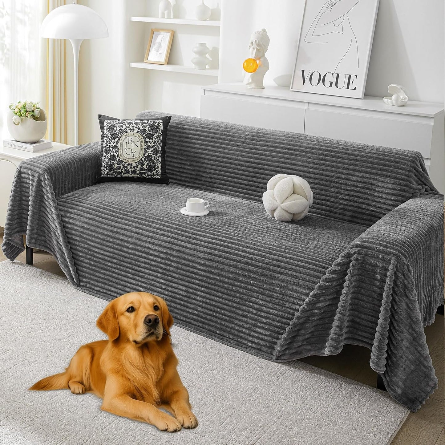 HAOMAIJIA Faux Fur Sofa Covers Couch Covers for 2 Cushion Couch Sofa Pet Friendly Soft Non Slip Couch Cover for Dogs Washable Sectional Couch Covers L Shape Furniture Protector (Grey, 91"x118")