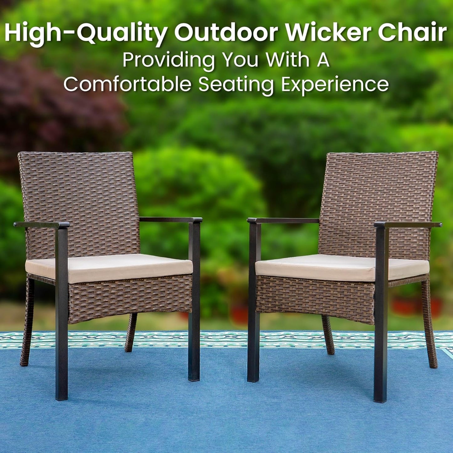 PHI VILLA Outdoor Wicker Chairs Set of 4, Rattan Covered Metal Armchairs with Removable Cushion, Heavy Duty Furniture Set for Patio, Deck, Porch, Yard