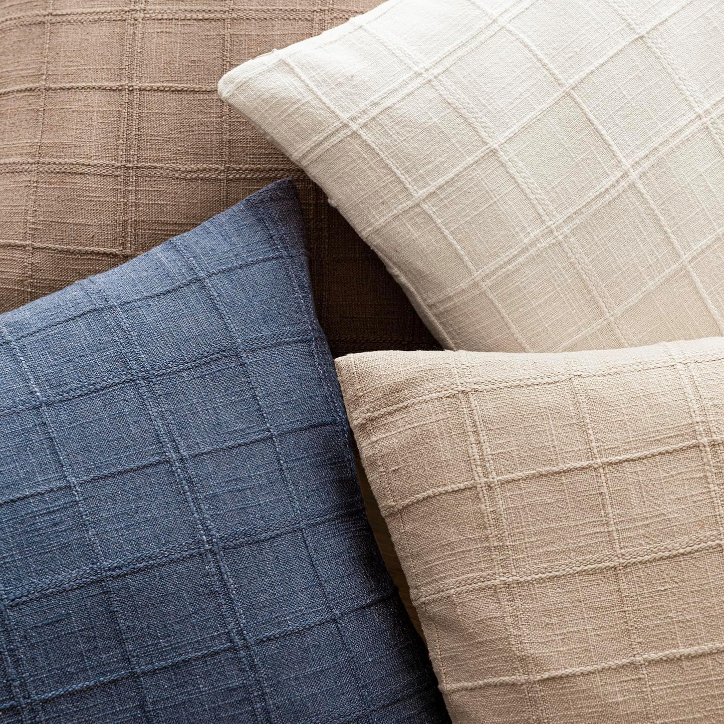 Foindtower Set of 2 Decorative Linen Check Throw Pillow Covers Neutral Farmhouse Vintage Cushion Covers Modern Coastal Boho Home Decor for Sofa Chair Couch Bedroom Living Room Outdoor,16×16 Inch,Blue