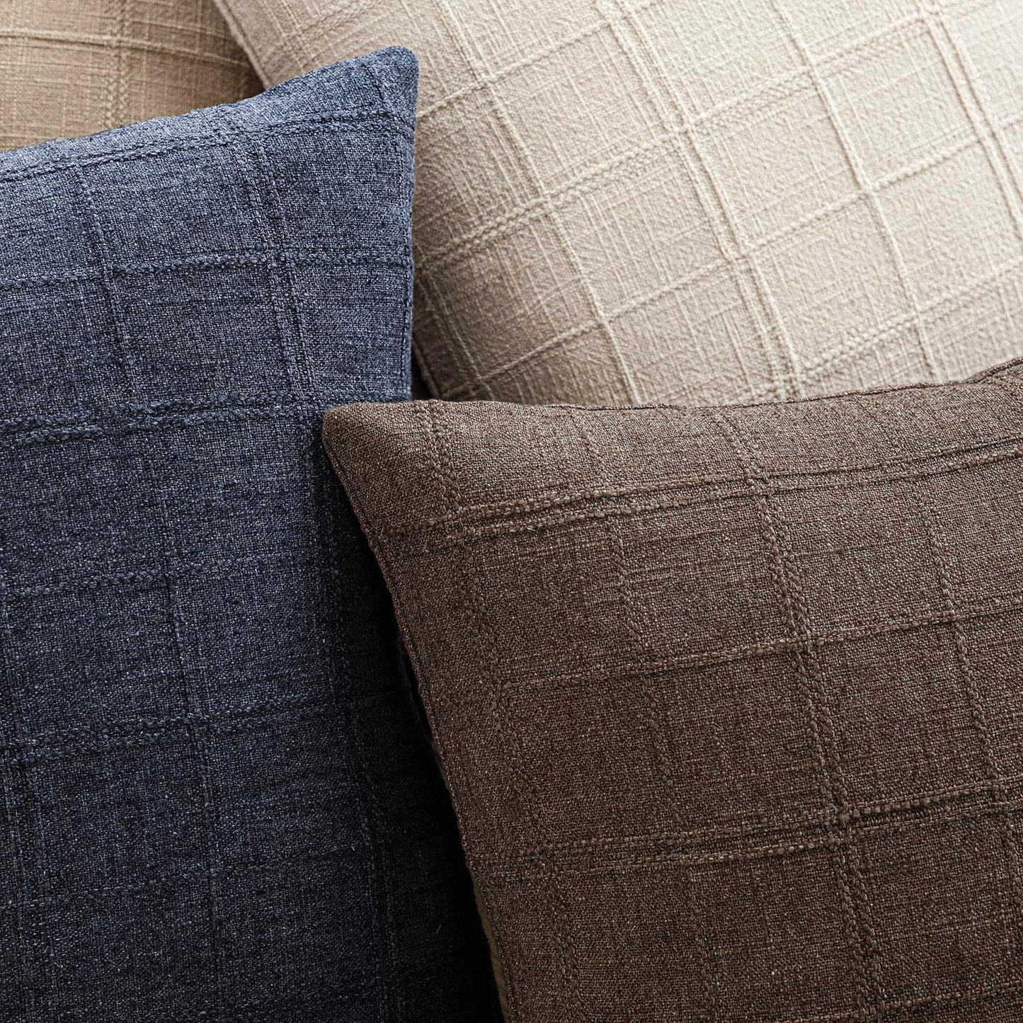 Foindtower Set of 2 Decorative Linen Check Throw Pillow Covers Neutral Farmhouse Vintage Cushion Covers Modern Boho Home Decor for Sofa Chair Couch Bedroom Living Room Outdoor,18×18 Inch,Dark Brown