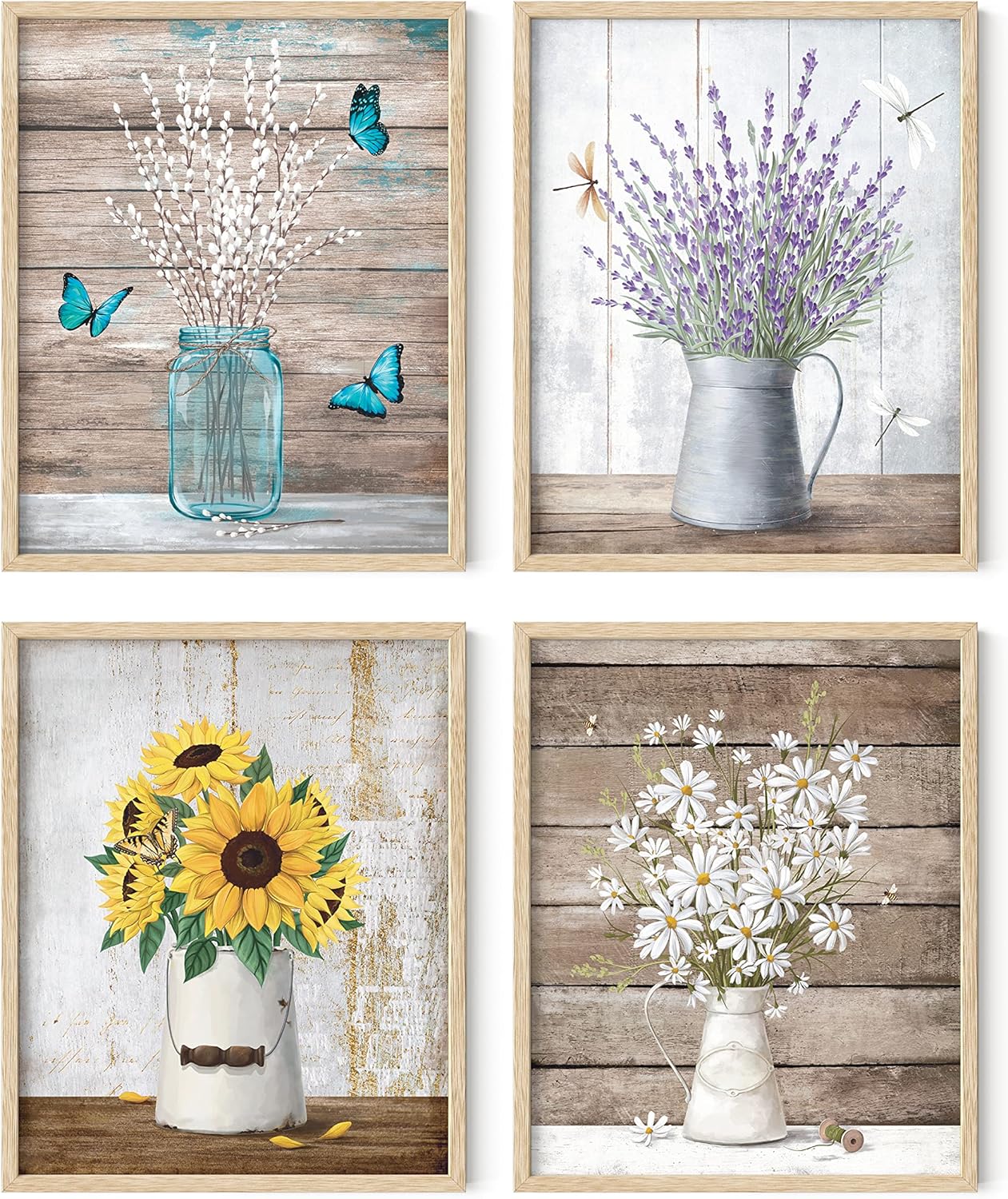 HAUS AND HUES Flower Wall Decor - Set of 4 Floral Wall Art, Framed Flower Painting, Floral Pictures for Kitchen, Bedroom, Living Room (16x20, Beige Frame)