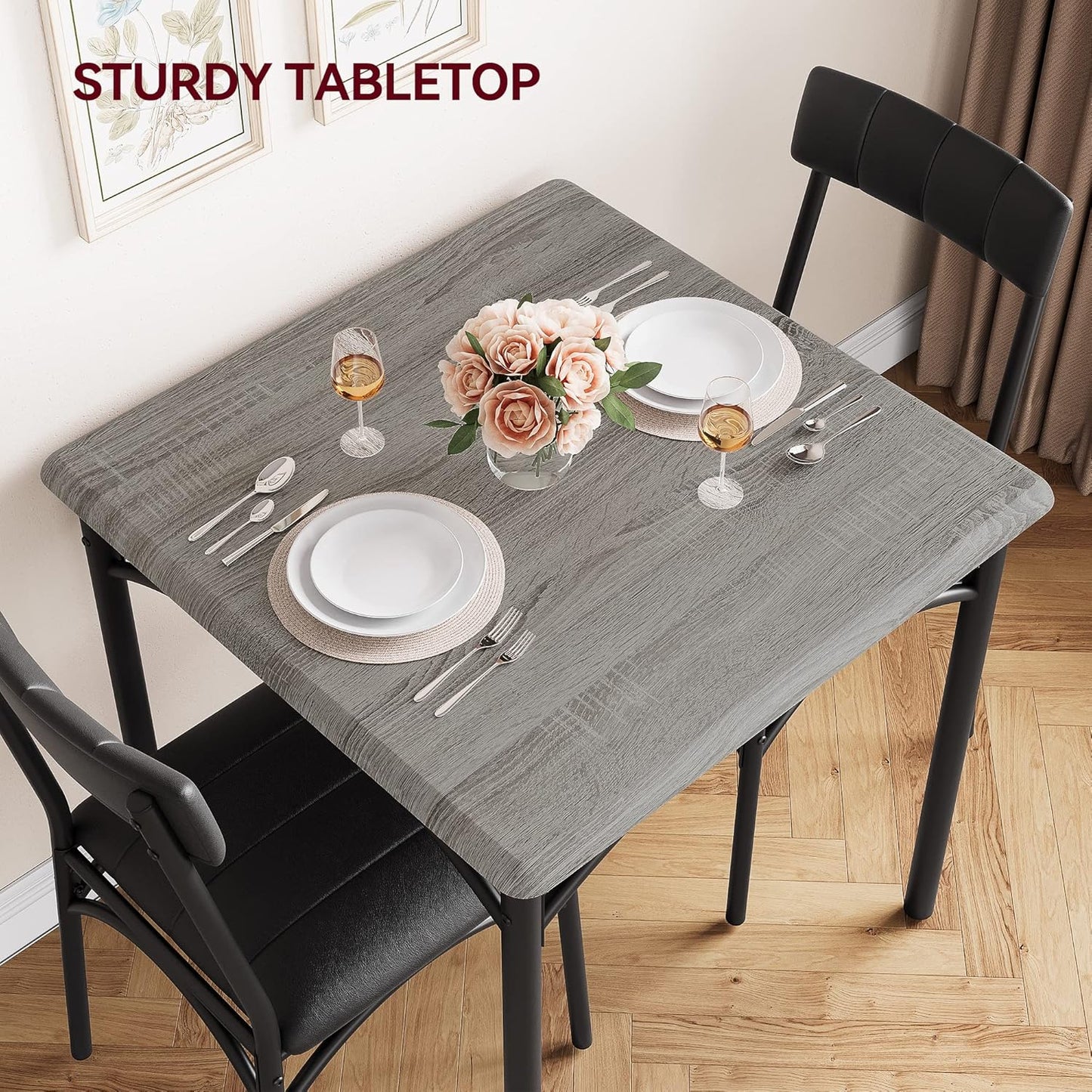 GarveeHome Dining Table Set for 2, Kitchen Table with 2 Upholstered Chairs, Wood Square Dining Table and Chairs Set for Small Space, Apartment, Dinner, Rustic Gray