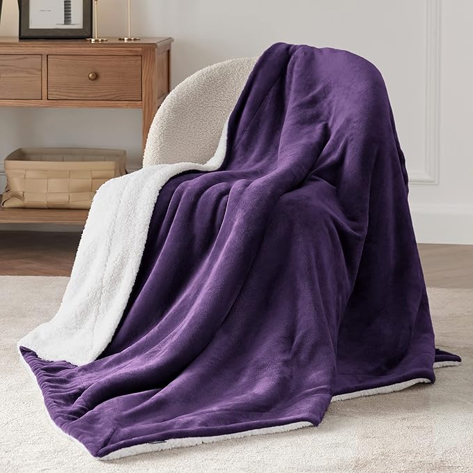 Bedsure GentleSoft Sherpa Fleece Throw Blanket Twin Size for Couch - Thick and Warm Throw Gifts for Women and Girls, Soft Fuzzy Plush Twin Blanket for Winter, Non-Heated, Purple, 60x80 Inches
