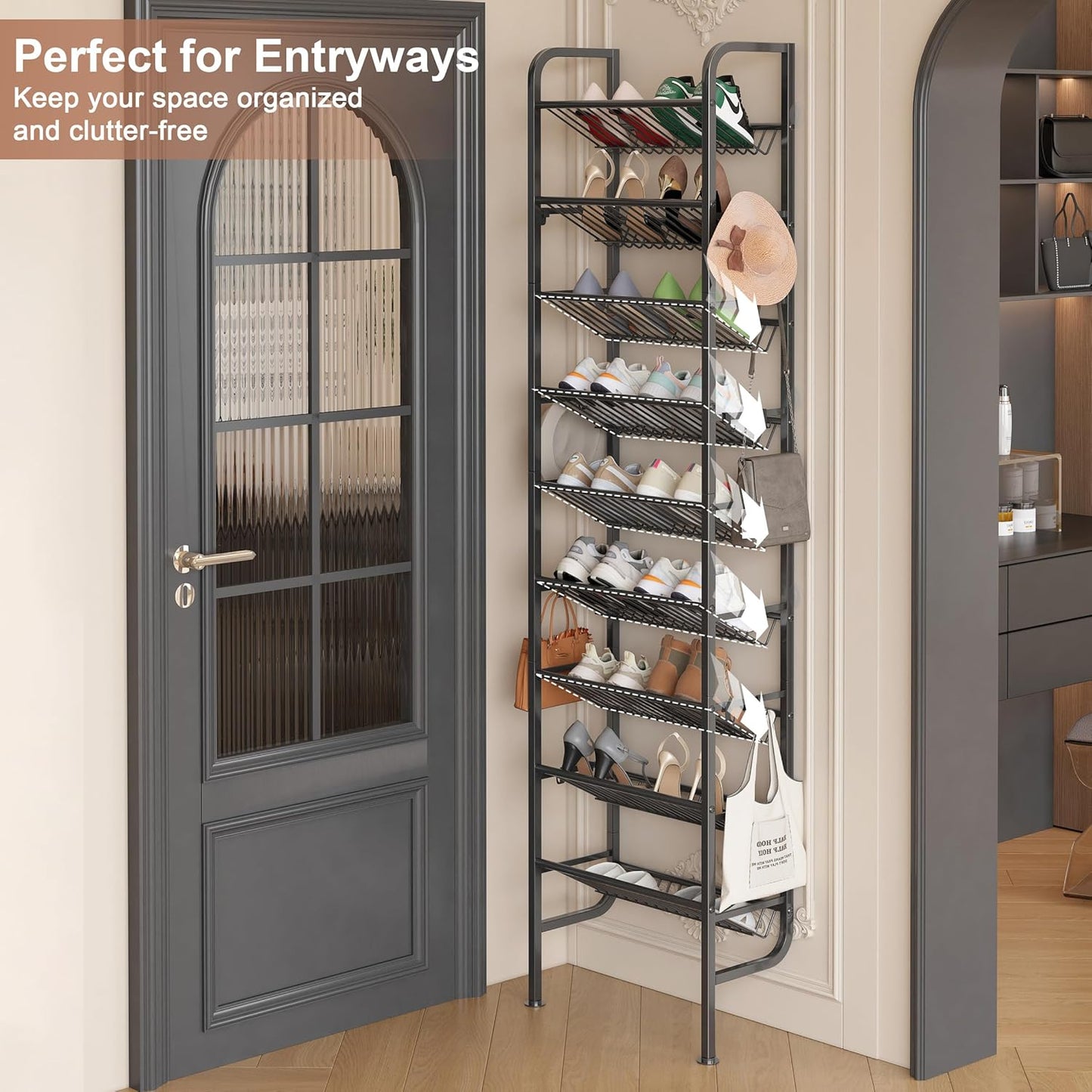 UMDONX 9 Layer Shoe Rack for 18 Pairs Shoes, Freestanding Shoe Organizer with 12 Hooks & 8 Adhesive Pads, Space-Saving Vertical Storage for Entryway and Walk-in Closet