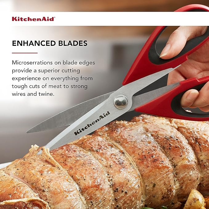 KitchenAid All Purpose Kitchen Shears with Protective Sheath Durable Stainless Steel Scissors, Dishwasher Safe, Soft Grip Comfort Handle, 8.72 Inch, Red