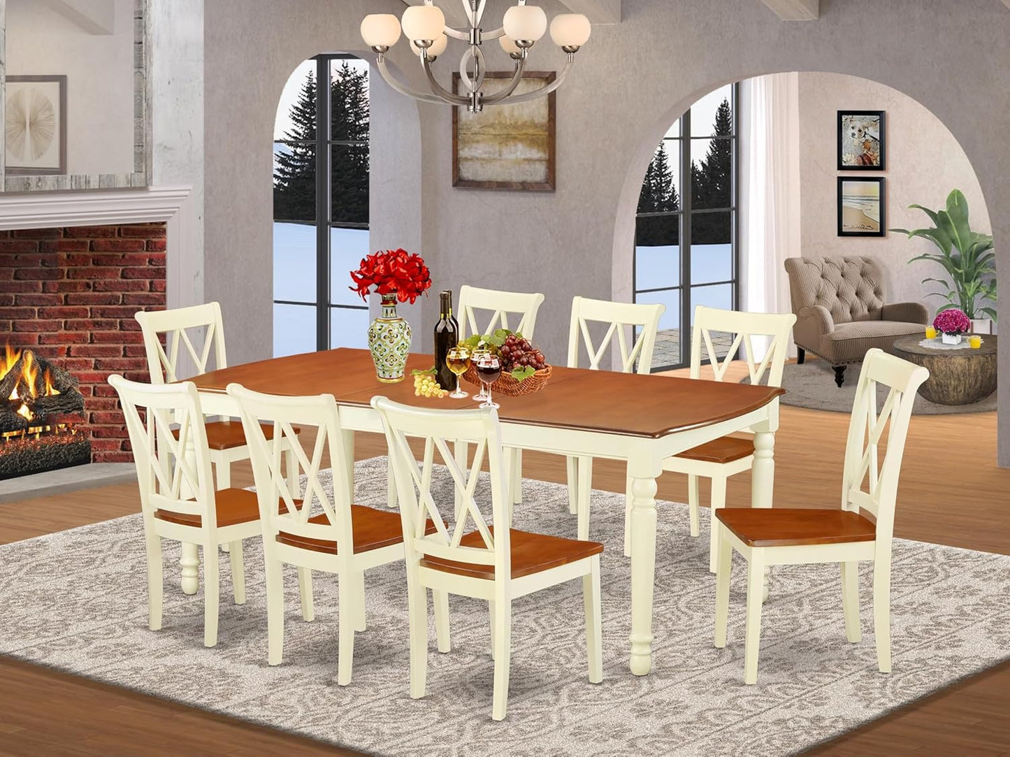 East West Furniture DOCL9-BMK-W 9 Piece Dining Table Set Includes a Rectangle Dining Room Table with Butterfly Leaf and 8 Wood Seat Chairs, 42x78 Inch, Buttermilk & Cherry