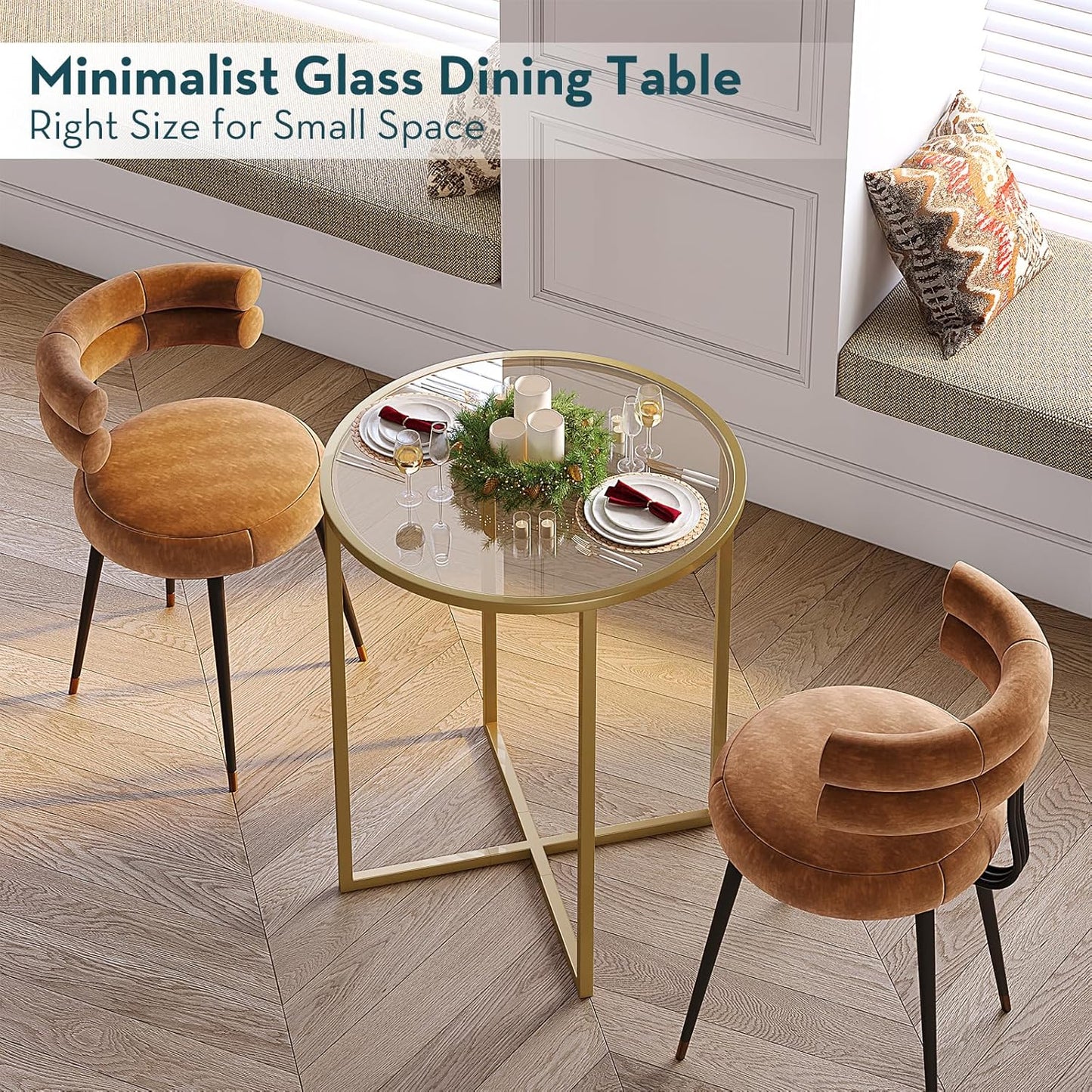 SAYGOER Small Round Dining Table for 2,Glass Circle Kitchen Dinner Table,26.7'' Multifuntional Modern Desk for Dining Room,Office,Kitchen,Apartment,Easy Assembly,Gold