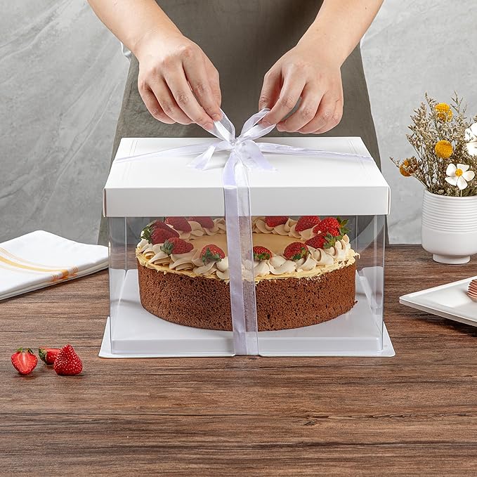 Restaurantware-Sweet Vision 10 Inch x 8.25 Inch Transparent Cake Boxes, 10 Grease Resistant Base Clear Cake Boxes - White Lid, Gray Ribbon, Plastic Birthday Box, For Weddings Or Birthdays