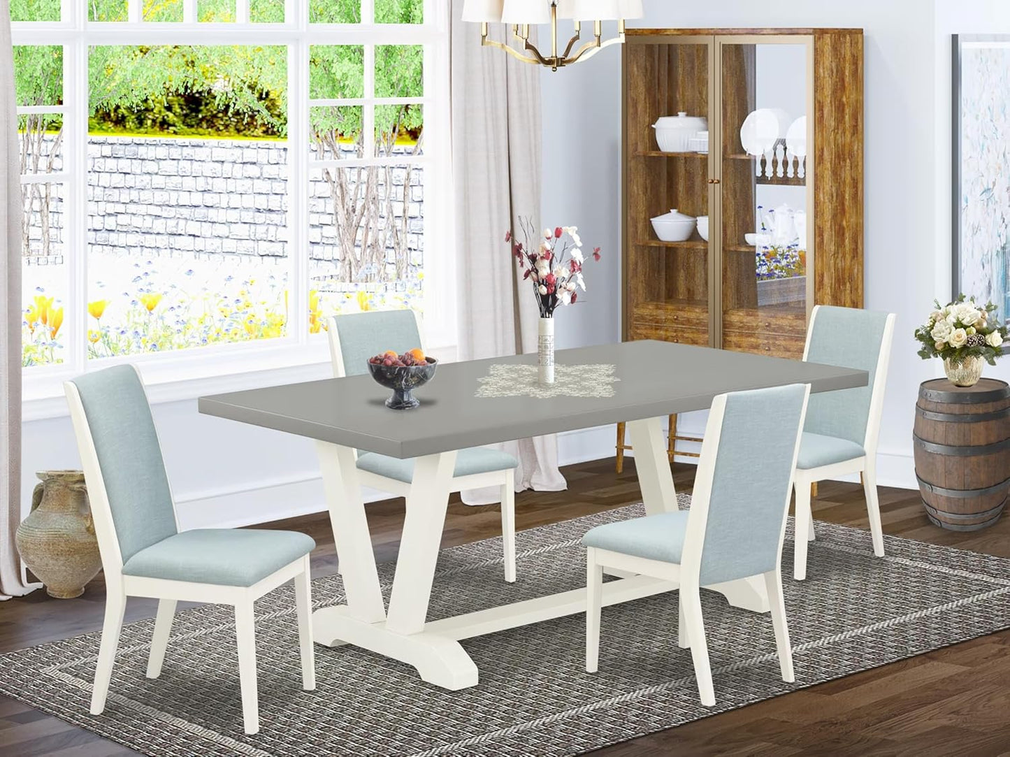 East West Furniture V097LA015-5 5 Piece Modern Dining Table Set Includes a Rectangle Wooden Table with V-Legs and 4 Baby Blue Linen Fabric Upholstered Chairs, 40x72 Inch, Multi-Color