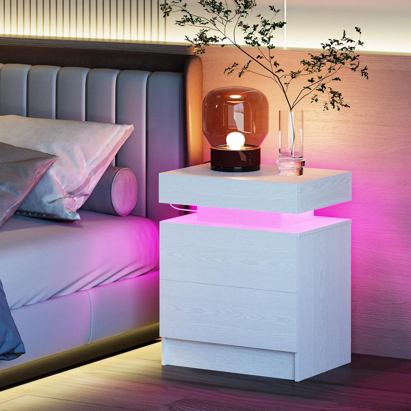 LIKIMIO Night Stand with Charging Station, Modern White Nightstand with LED Light and Drawers, Bedside Tables/End Table for Bedroom