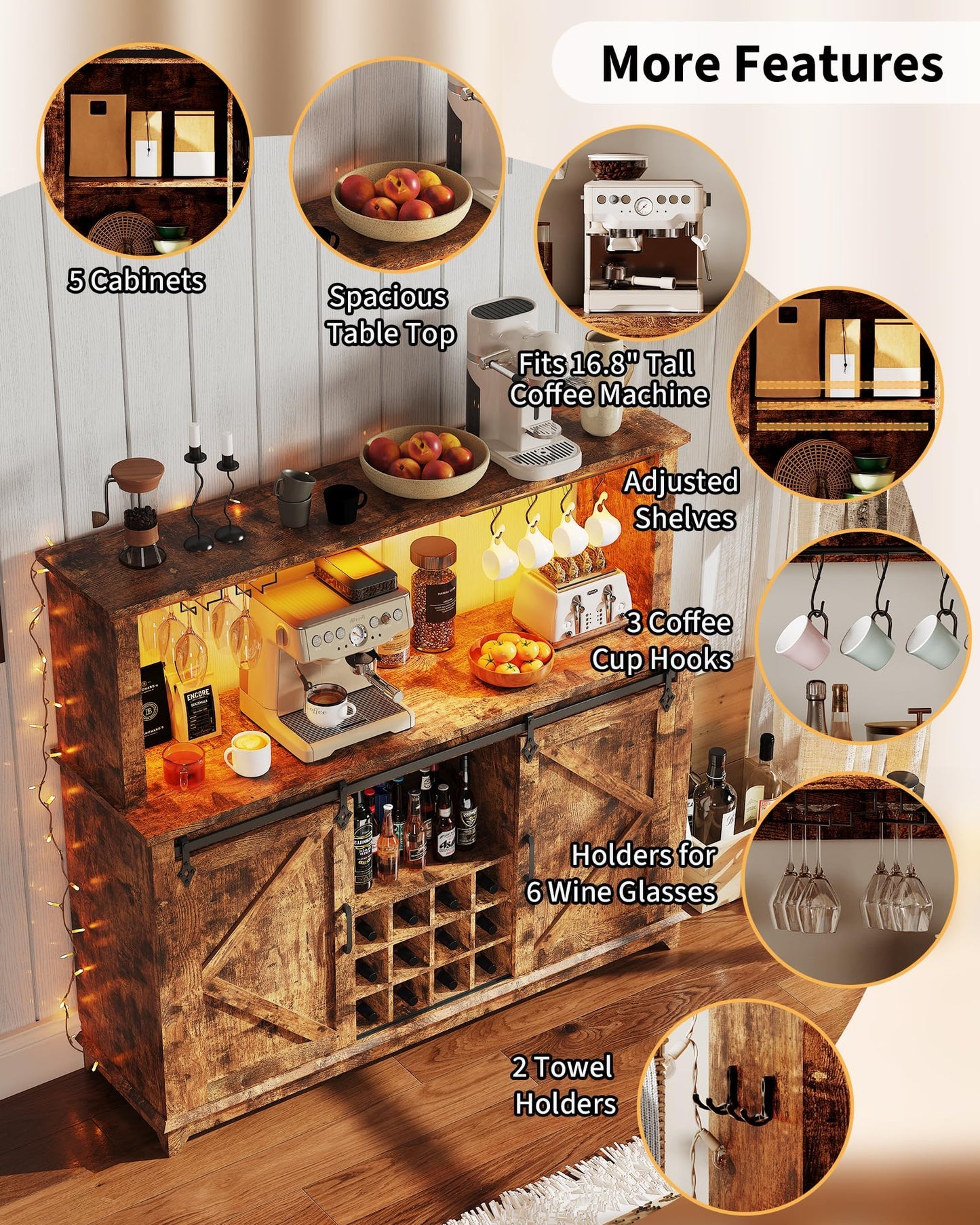 55 in Farmhouse Coffee Bar Cabinet with 3-Mode LED Light and Power Outlet - Large Kitchen Hutch with Sliding Barn Door - Wine Cabinets with Storage Drawers and Wine Glass Rack for Home and Living Rome