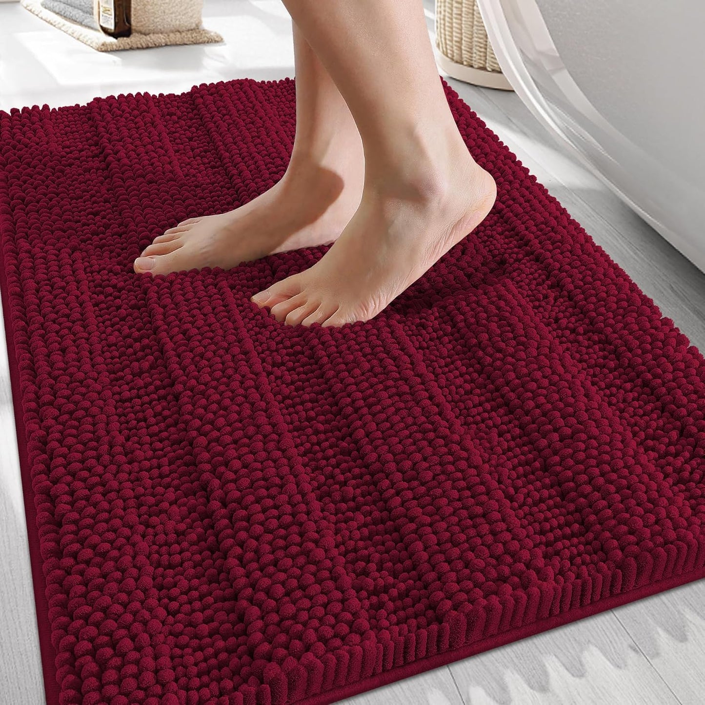 OLANLY Thick Bathroom Rugs 30x20, Extra Soft Absorbent Chenille Striped Bath Rugs, Rubber Backing, Machine Wash Dry, Bath Mats for Bathroom Floor, Tub and Shower, Home Decor Accessories, Burgundy