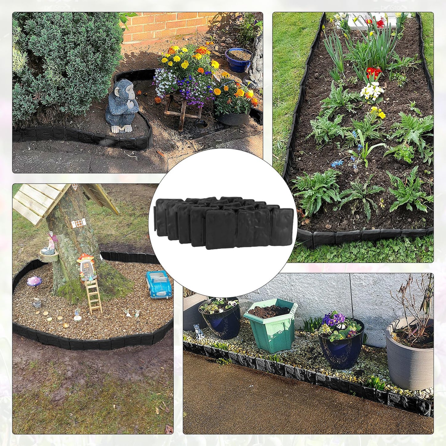 Garden Edging Border NO DIG, with Landscape Edging Anchoring Spikes, Black Stone Effect Plastic Lawn Edging Fencing, Interlocking Yard Lawn Edging for Flower Bed | 16 Ft | 20Pcs | Black |