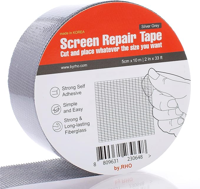 by.RHO Window Screen Repair Kit Tape, Gray, 2in x 33ft, Fiberglass Repair Kit for Window Screen and Screen Door Tears Holes. 3-Layer Strong Adhesive Waterproof Weatherproof Mesh Repair Variable Size