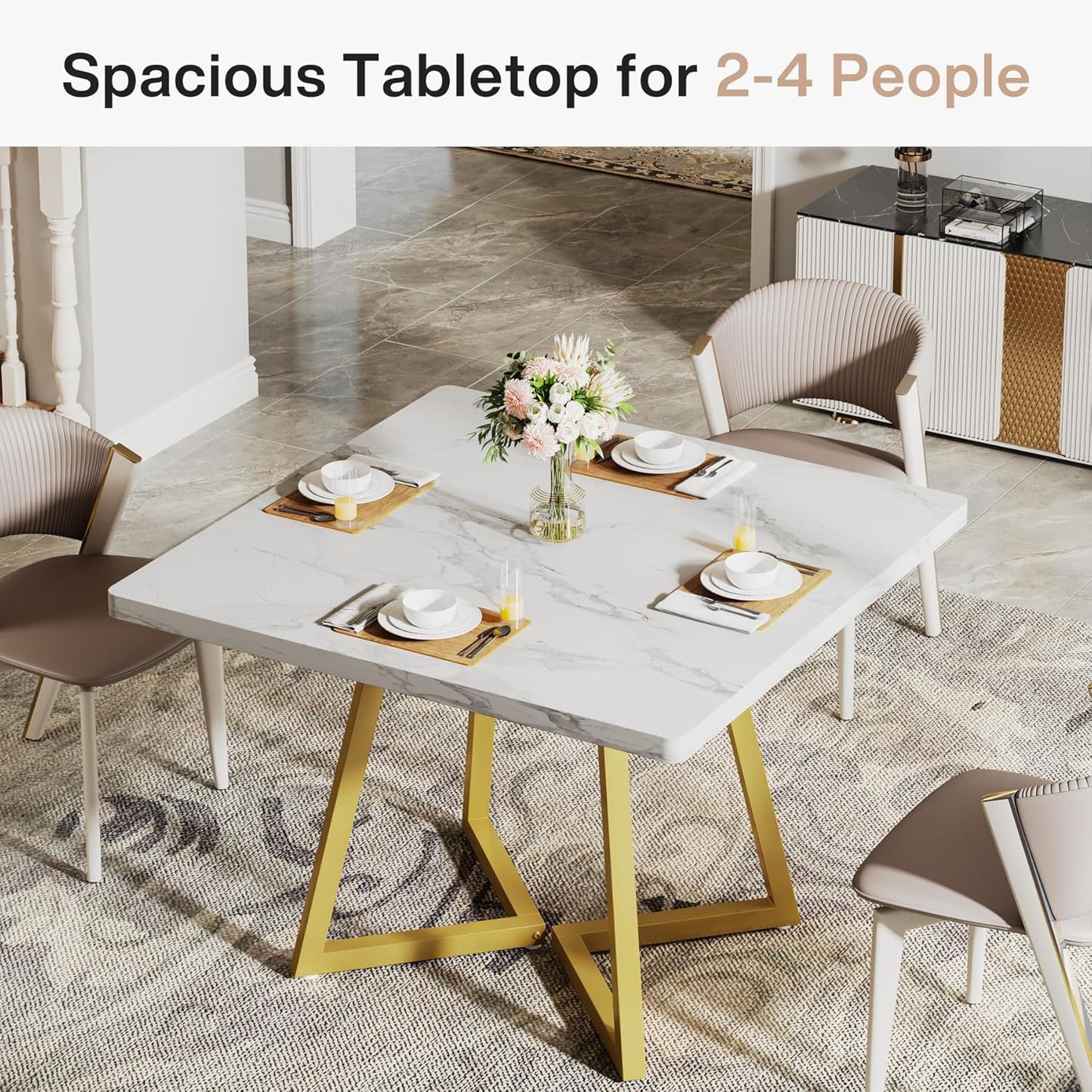 Tribesigns Square Dining Table for 8, 31.5" Modern Dinner Table with Metal Base, Kitchen Table for Dining Room, Small Space, Apartment, White & Gold