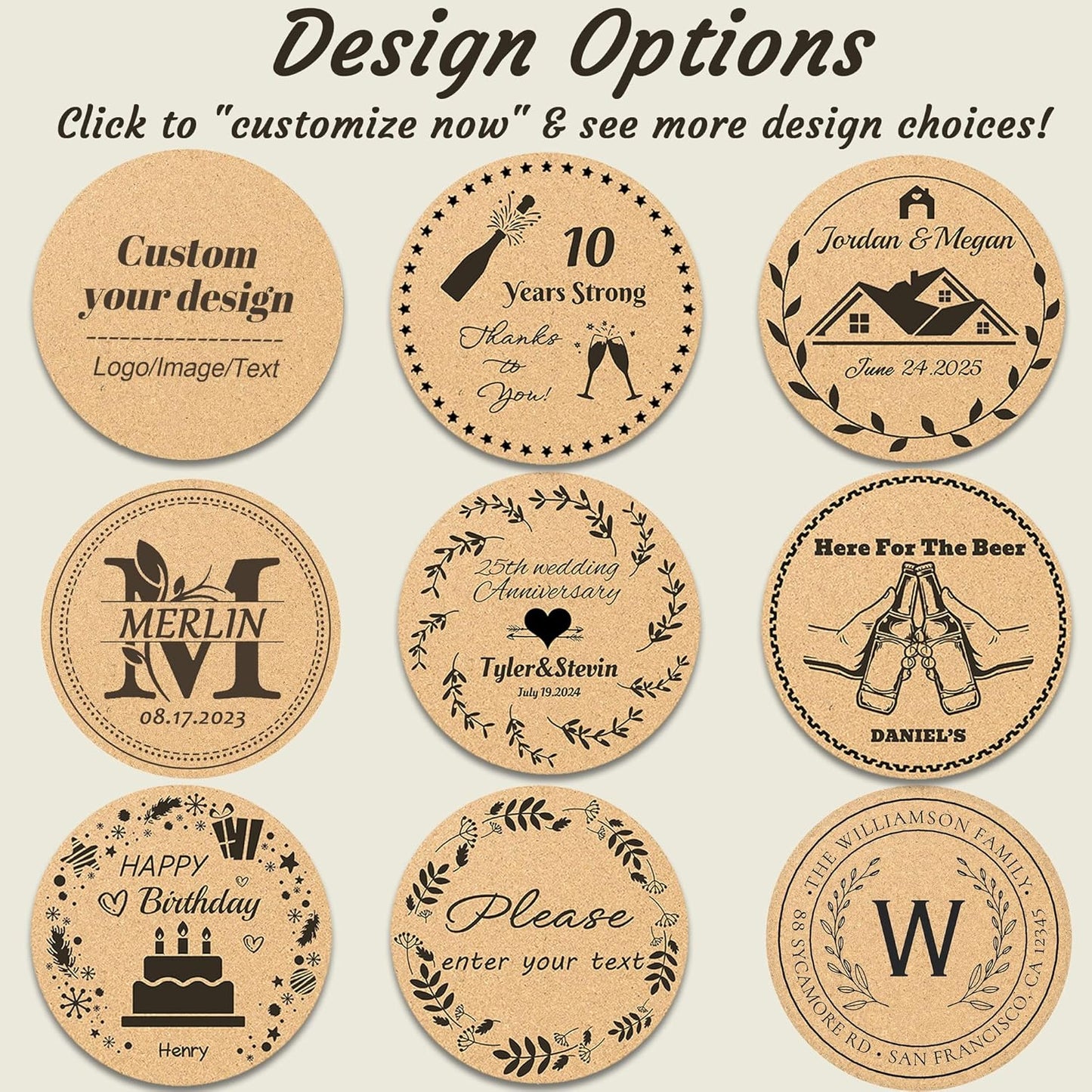 30-100Pcs Personalized Coasters, Custom Cork Drink Coasters with Laser Engraved Text Name Logo, Non-Slip, Heat-Resistant, Custom Wedding, Anniversary, Housewarming Gifts (Regular Version)
