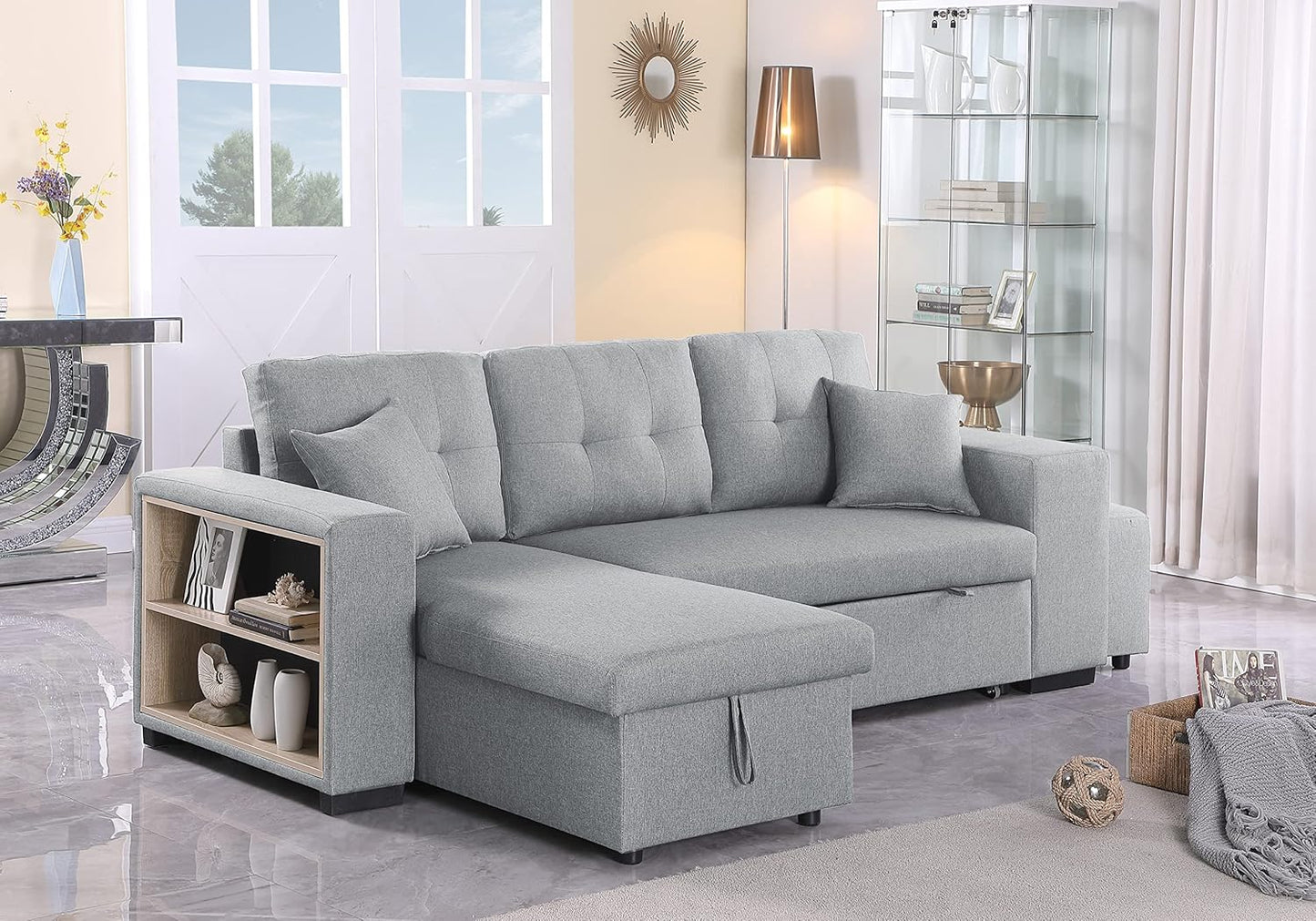 Devion Furniture Garisa 4-in-1 Convertible L Shaped Couch with Pull Out Bed and Storage, Sectional Sleeper Sofa with Reversible Chaise for Living Room, Apartment, Bedroom, Office