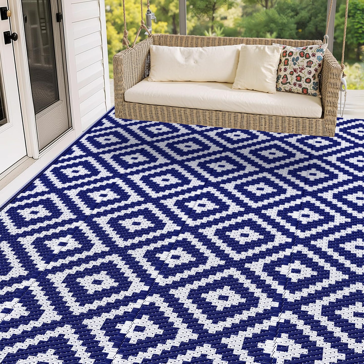 Mattitude Waterproof Outdoor Rug 6x9 Ft Outdoor Plastic Straw Rug Reversible Patio Rug Large Outdoor Carpet Area Rug for Patio Backyard Picnic Beach Camping RV Blue