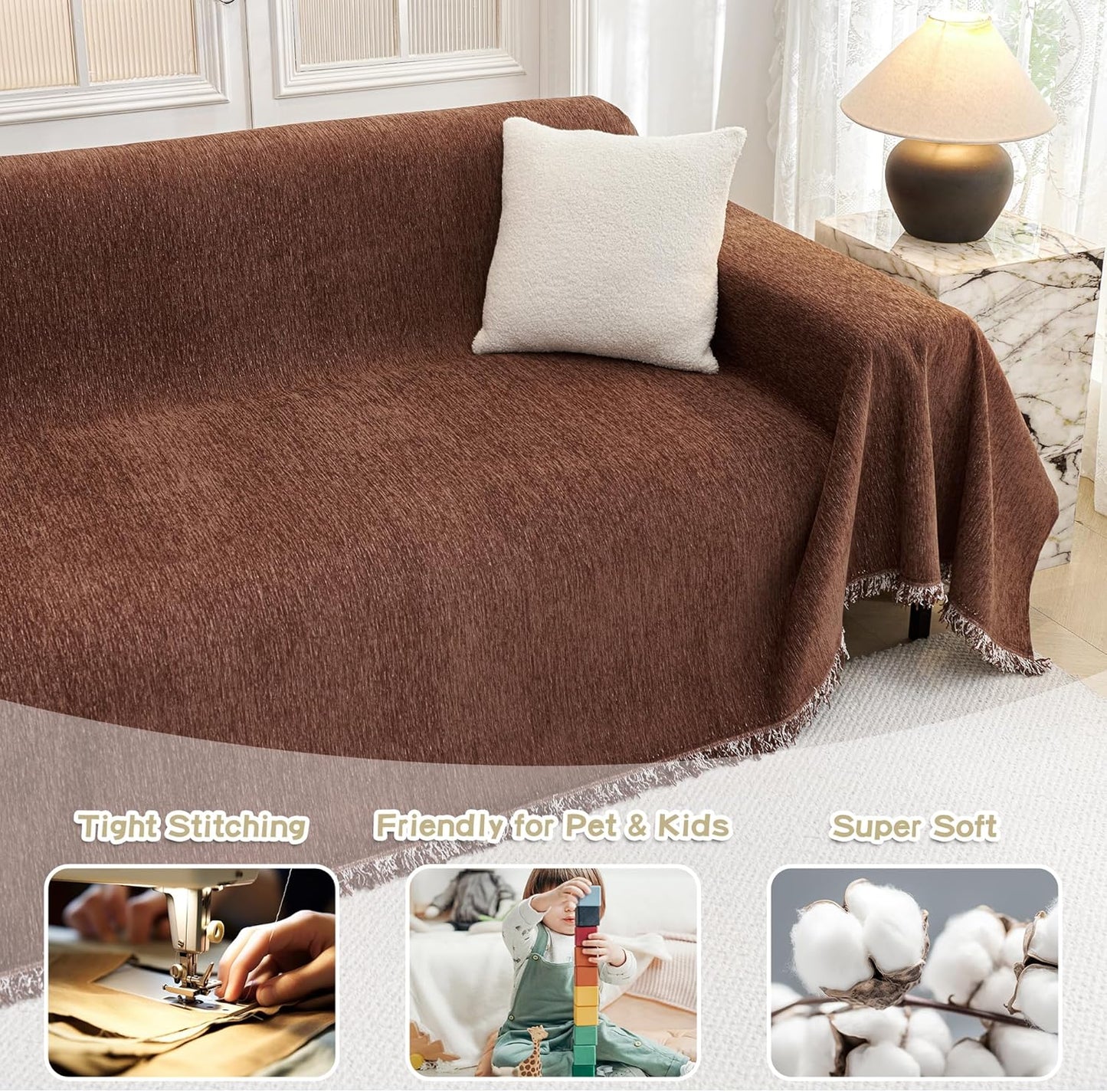 MYSKY HOME Sofa Covers for 2 Cushion Dogs - Boho Textured Soft Washable Decorative Couch Covers with Tassels, 71"x118", Chocolate