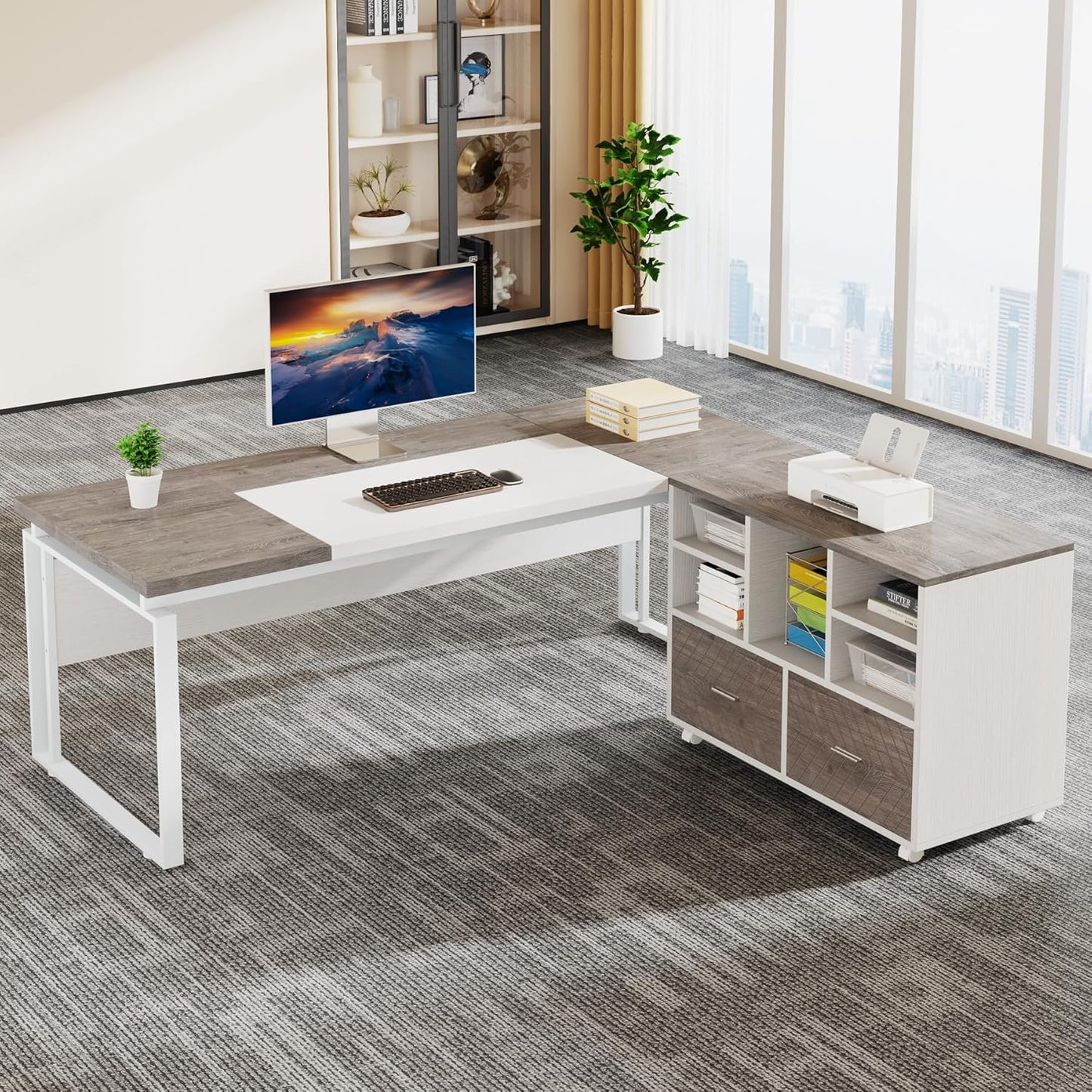 Tribesigns 2-Drawer Wood File Cabinet, Mobile Lateral Filing Cabinet for Hanging Letter Size Files, Printer Stand with Open Storage Shelves for Home Office (Grey & White)