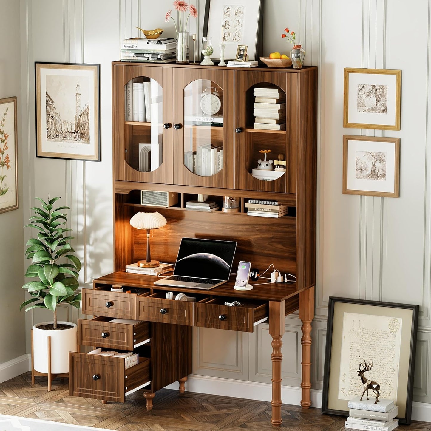 Merax 47'' Executive Desk with Charging Station and Hutch, Home Office Desk with 5 Drawers and Glass-Door Bookshelf, Retro Computer Desk for Study, Bedroom Office Furniture, Walnut